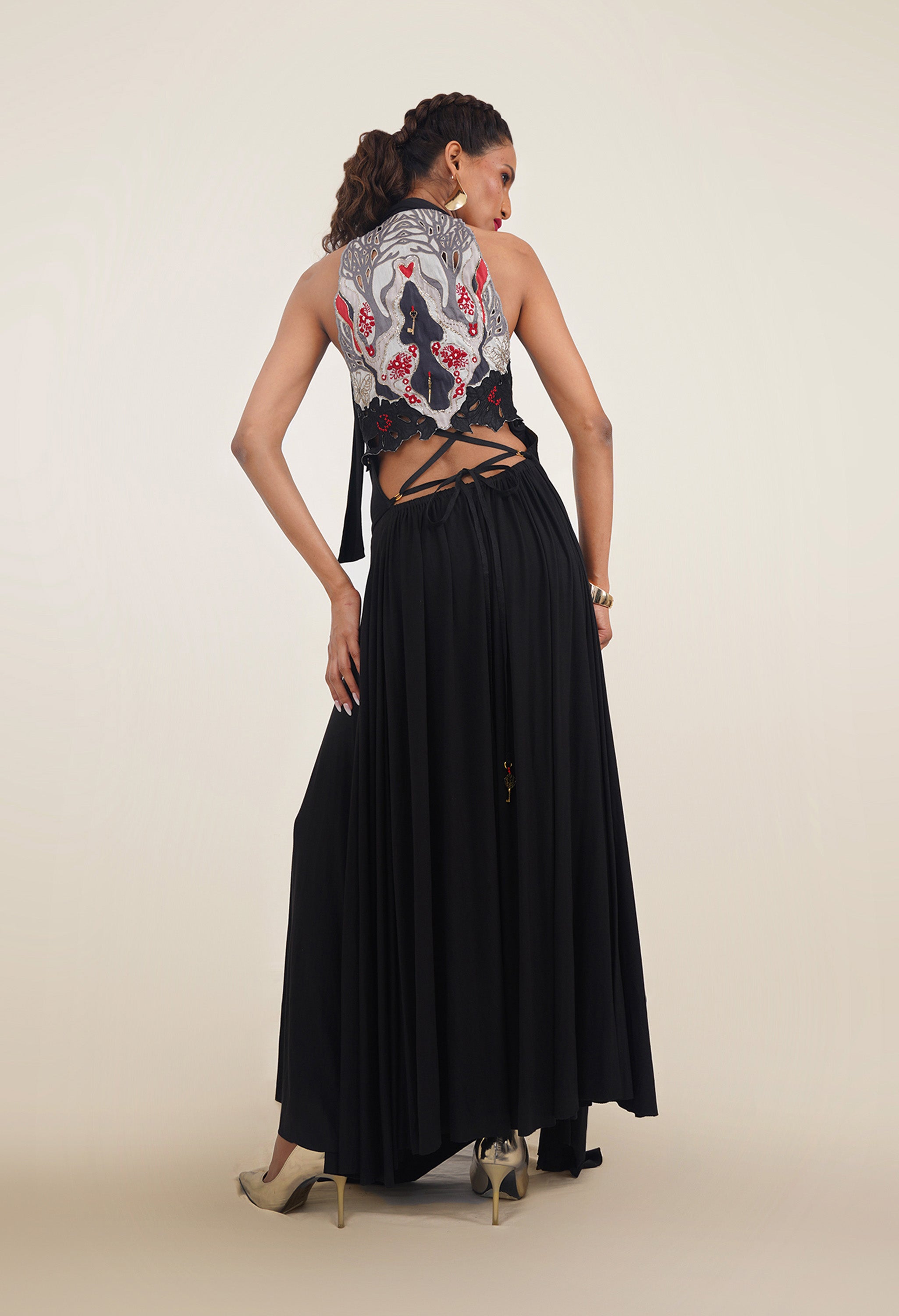 DRAPED LUREX JERSEY DRESS WITH EMB BACK