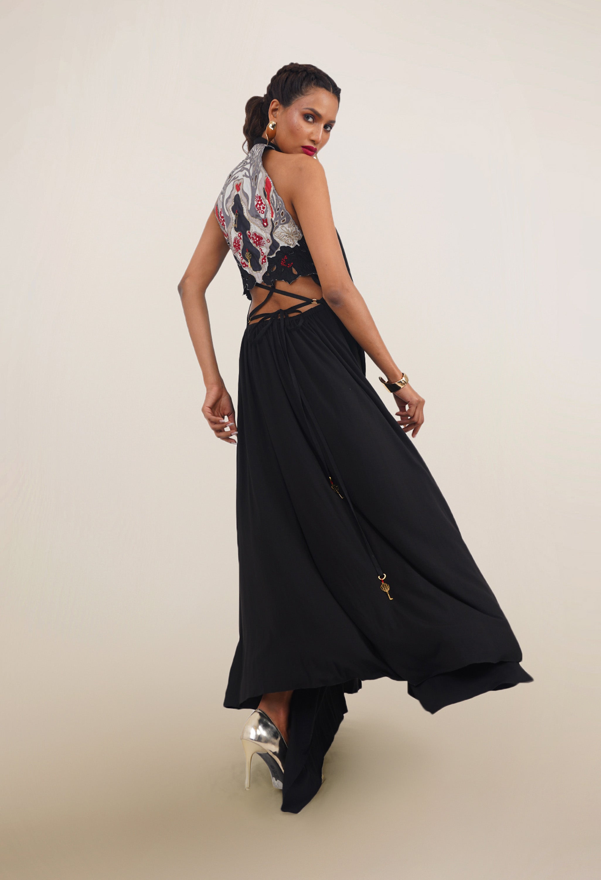 DRAPED LUREX JERSEY DRESS WITH EMB BACK