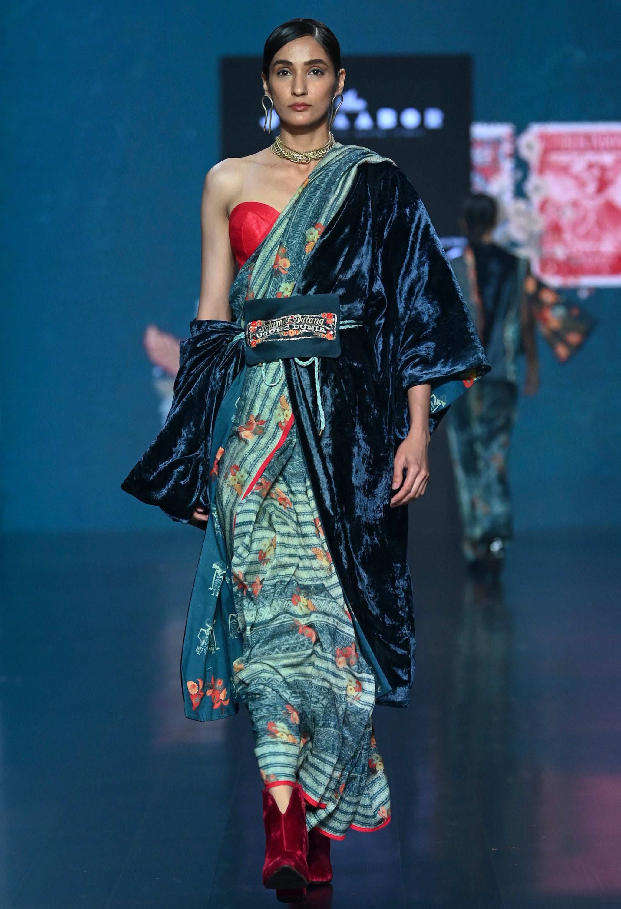 PRINTED CHANDERI SARI WITH RED CORSET