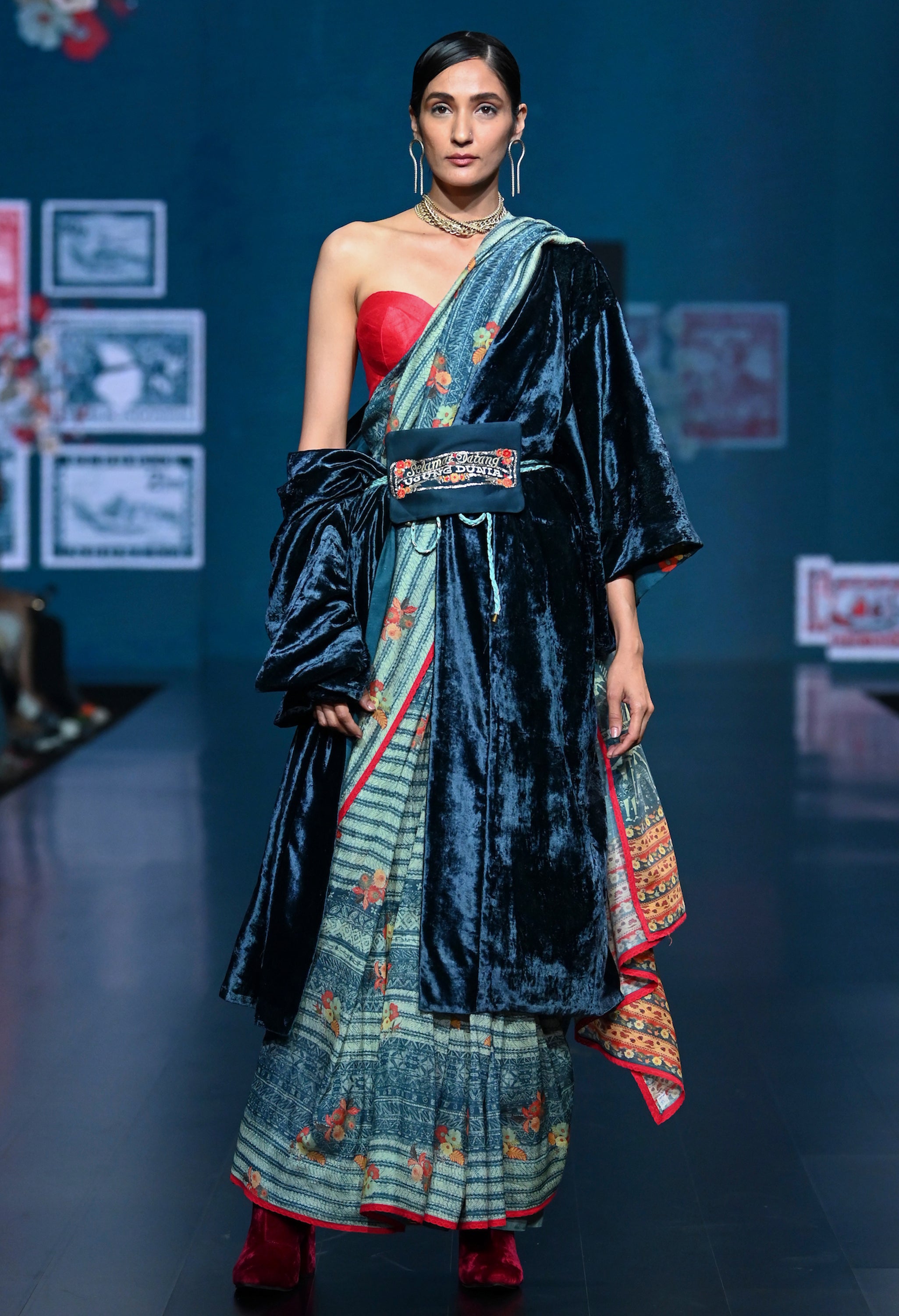 PRINTED CHANDERI SARI WITH RED CORSET