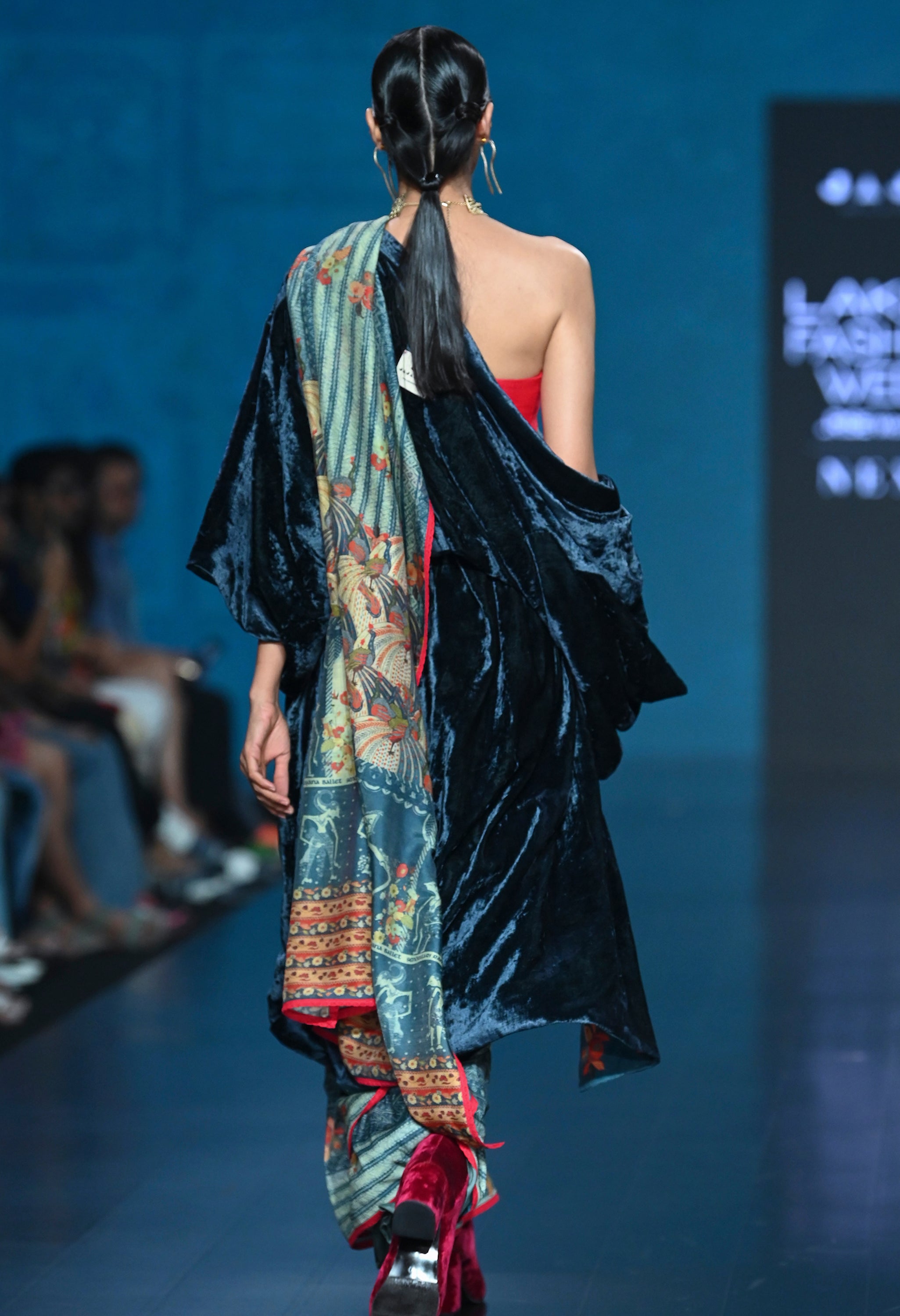 PRINTED CHANDERI SARI WITH RED CORSET