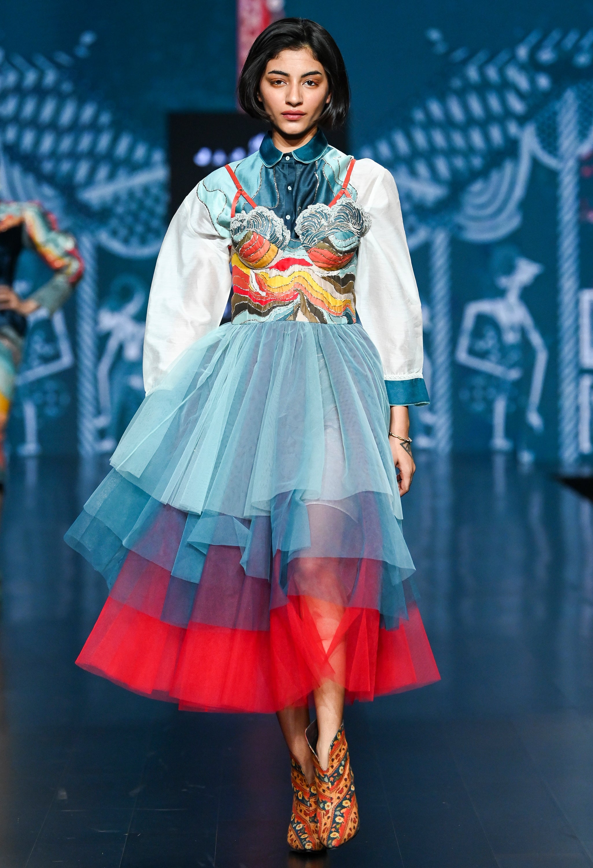 LANDSCAPE EMB BUSTIER TULLE DRESS WITH SHIRT