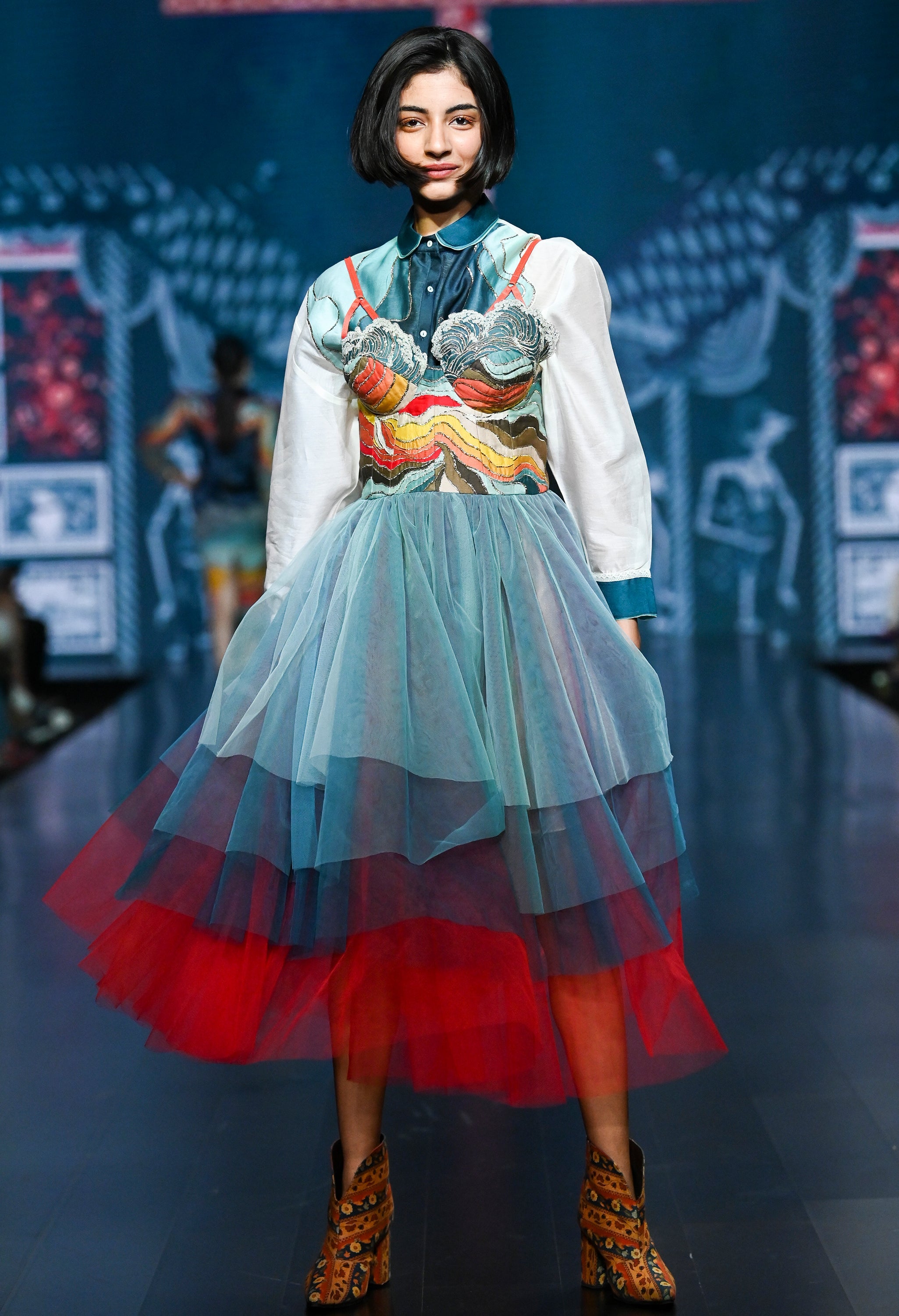 LANDSCAPE EMB BUSTIER TULLE DRESS WITH SHIRT