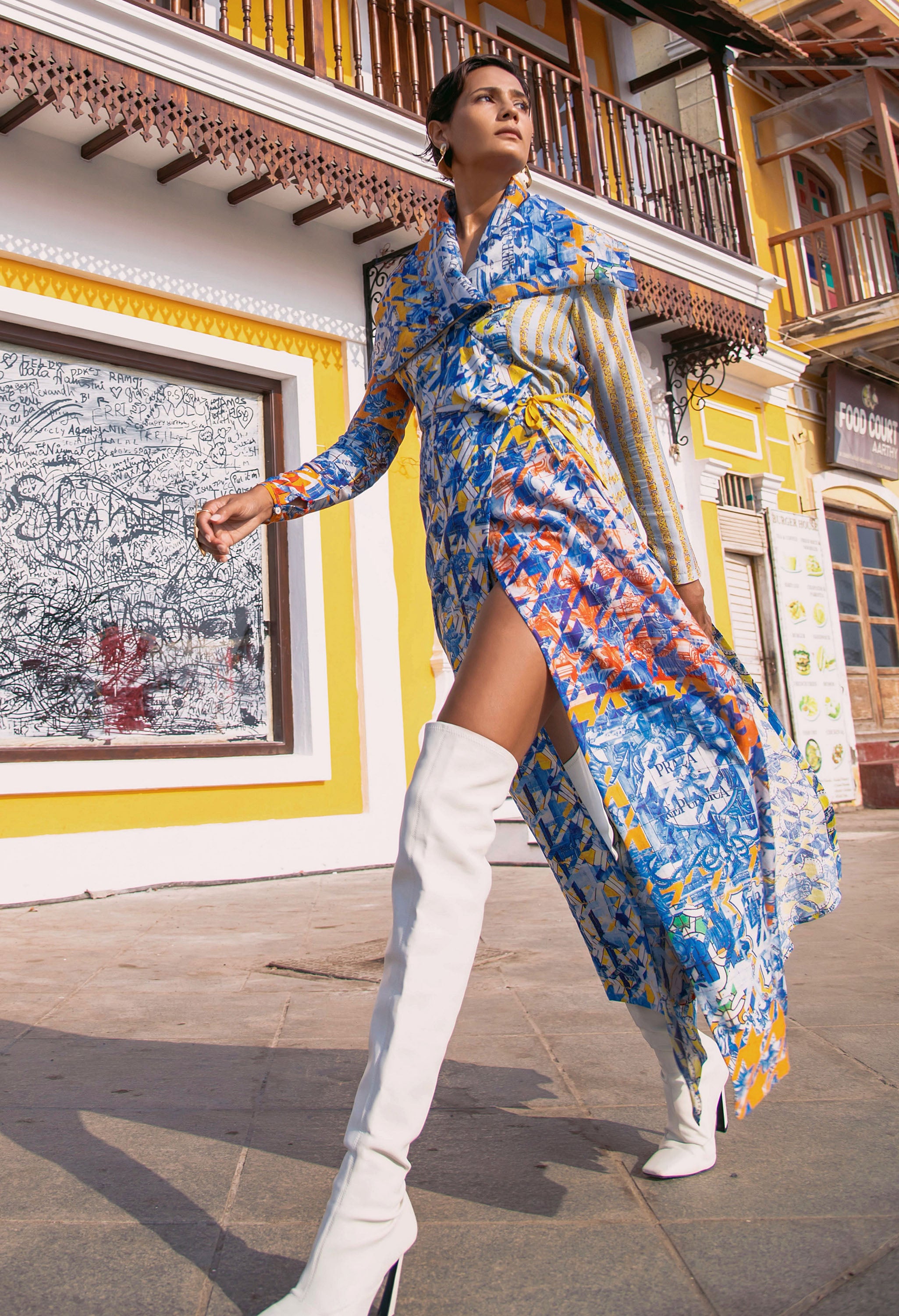 PRINTED DRAPED COLLAR ANGRAKHA WITH PRINTED PANTS