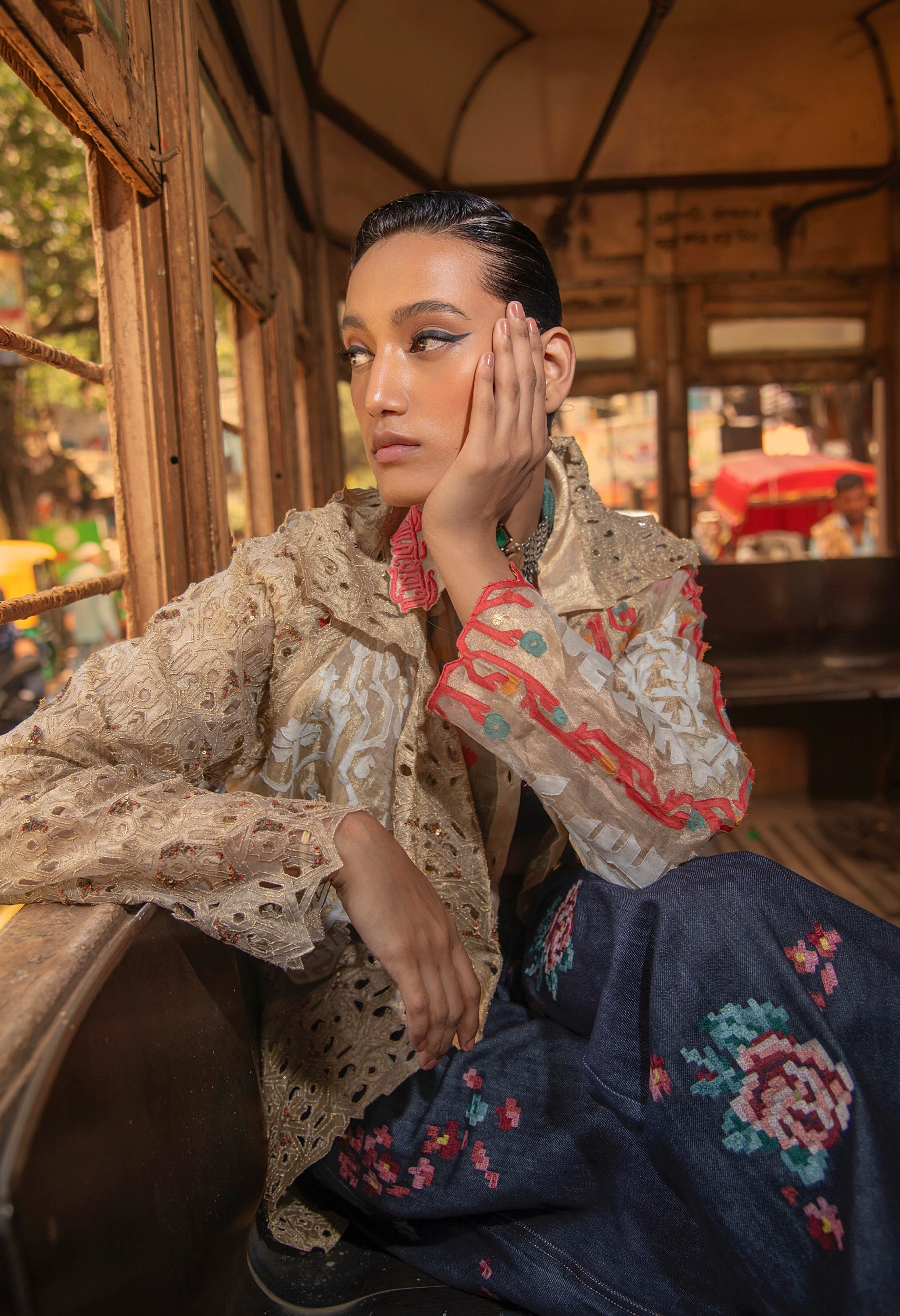 EMB GOLD TISSUE SHORT TRENCH + EMB DENIM PANTS + EMB GOLD TISSUE SHIRT + DENIM BRALETTE