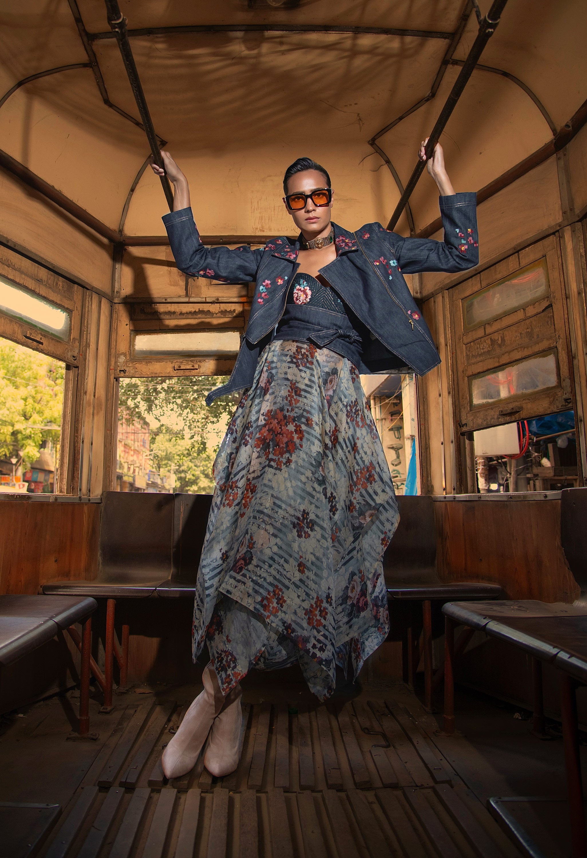 EMB BIKER DENIM JACKET + CORSET DRESS