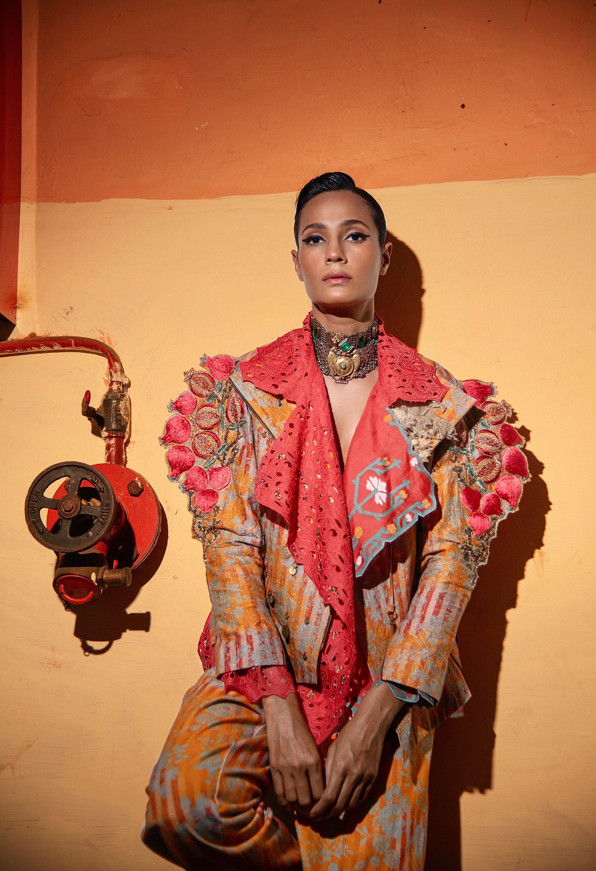 EMB ORGANZA SHORT TRENCH + 3D POMEGRANTE EMB QUILTED JACKET + STRIPED CARROT FIT DENIMS