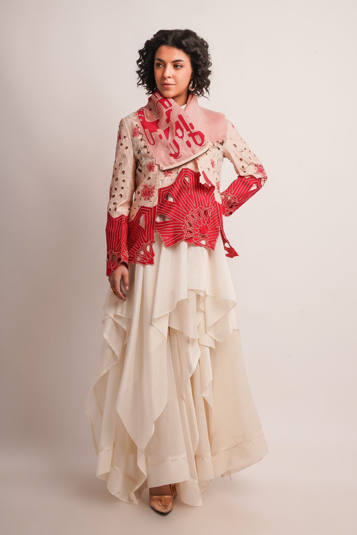 EMB DRAPED COLLAR CUTWORK JACKET WITH SKIRT