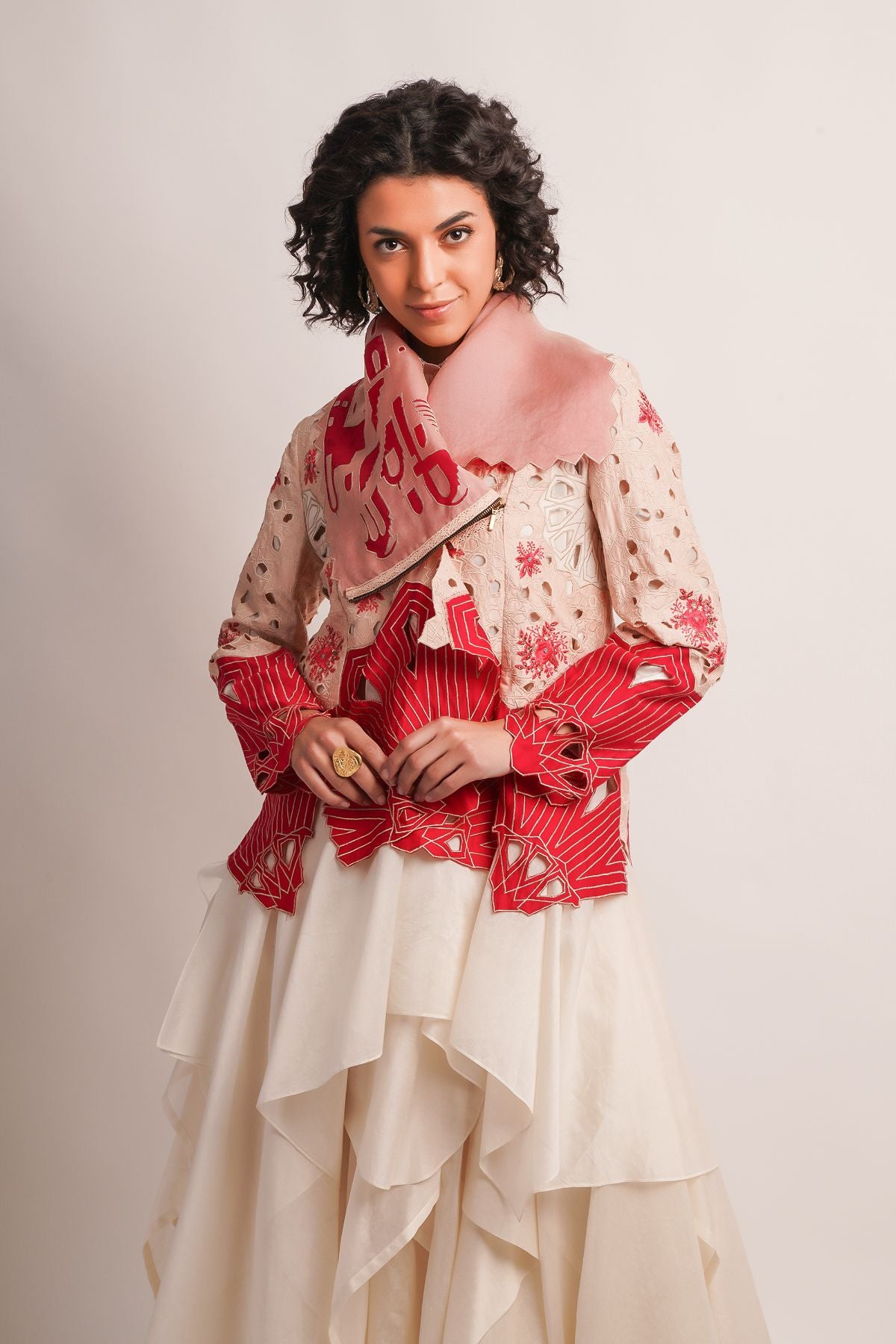 EMB DRAPED COLLAR CUTWORK JACKET WITH SKIRT