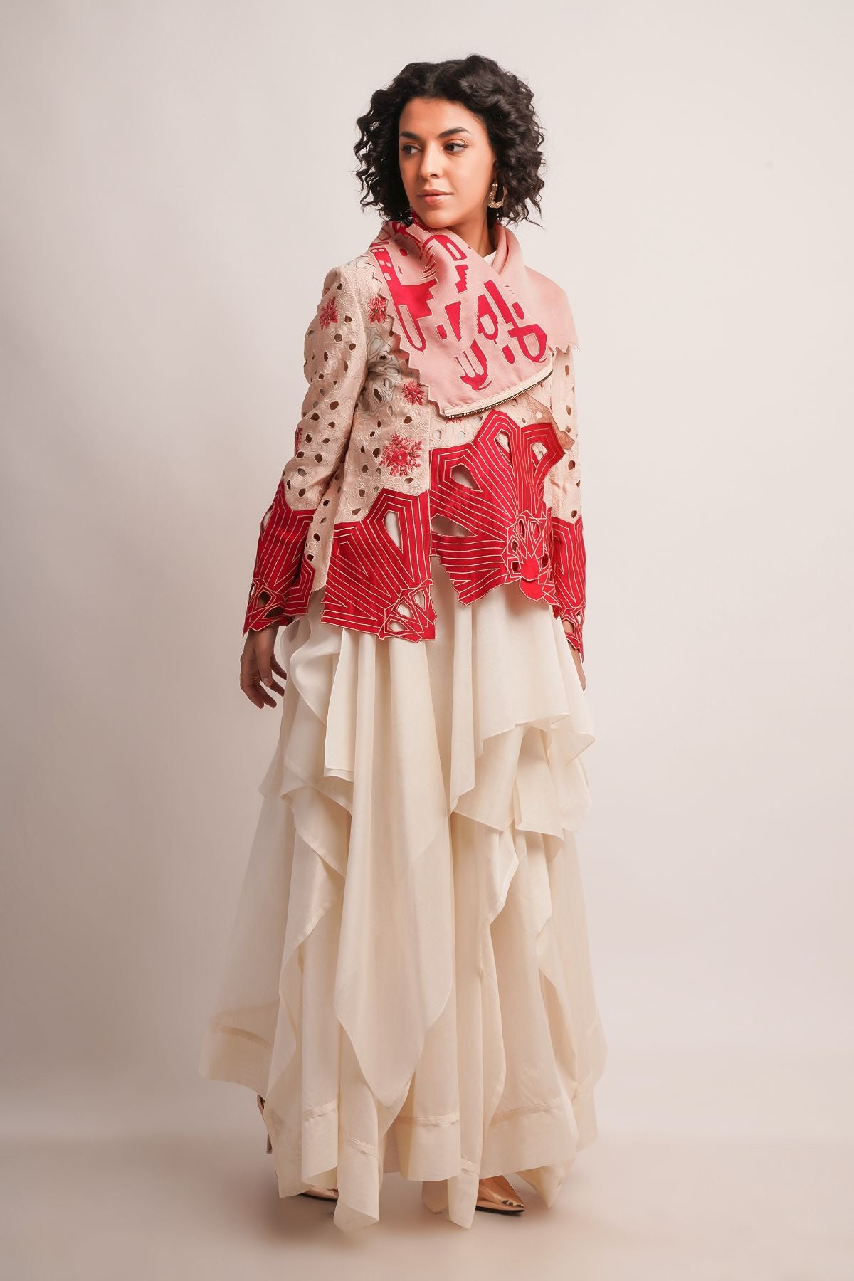 EMB DRAPED COLLAR CUTWORK JACKET WITH SKIRT