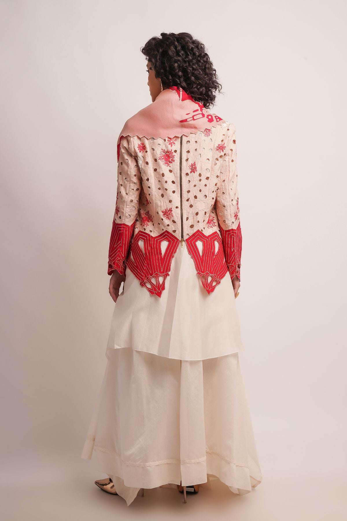 EMB DRAPED COLLAR CUTWORK JACKET WITH SKIRT