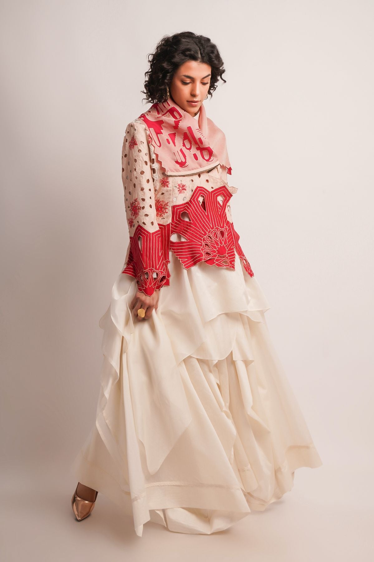 EMB DRAPED COLLAR CUTWORK JACKET WITH SKIRT