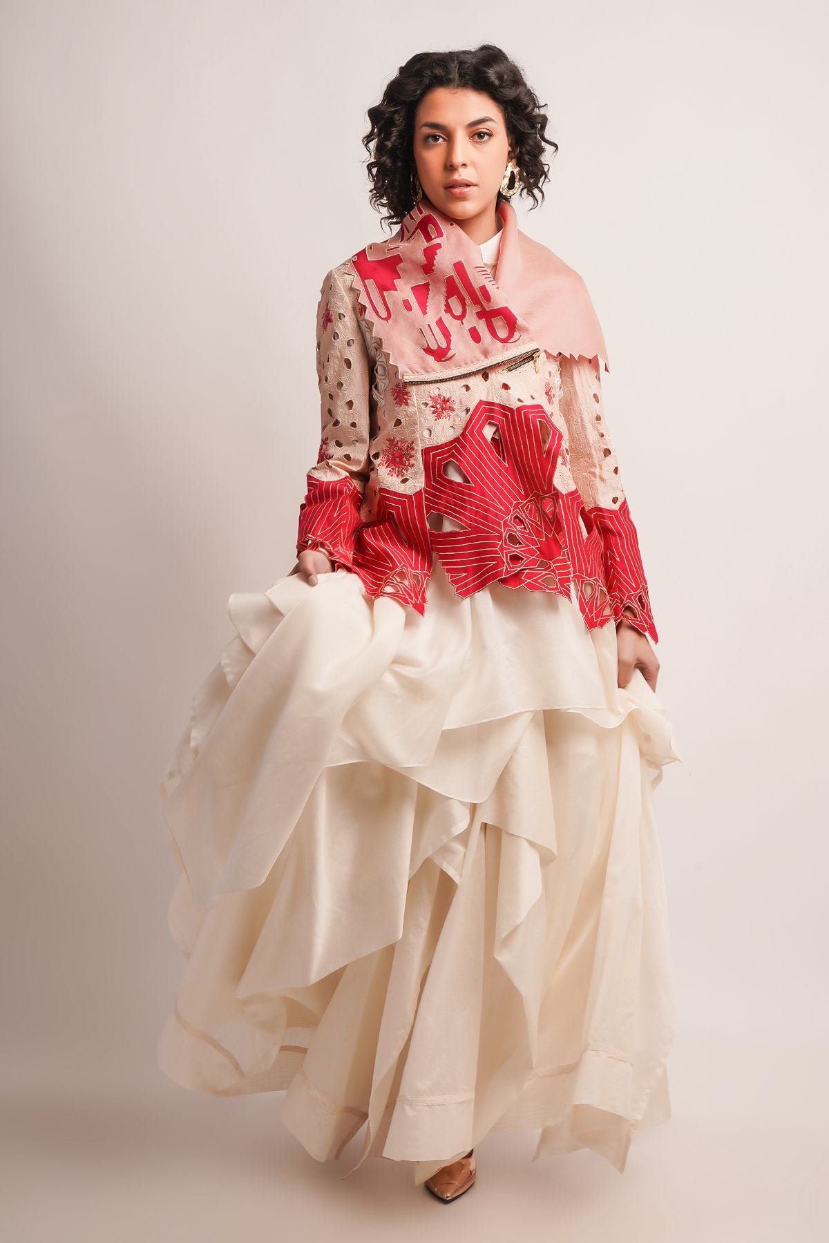 EMB DRAPED COLLAR CUTWORK JACKET WITH SKIRT