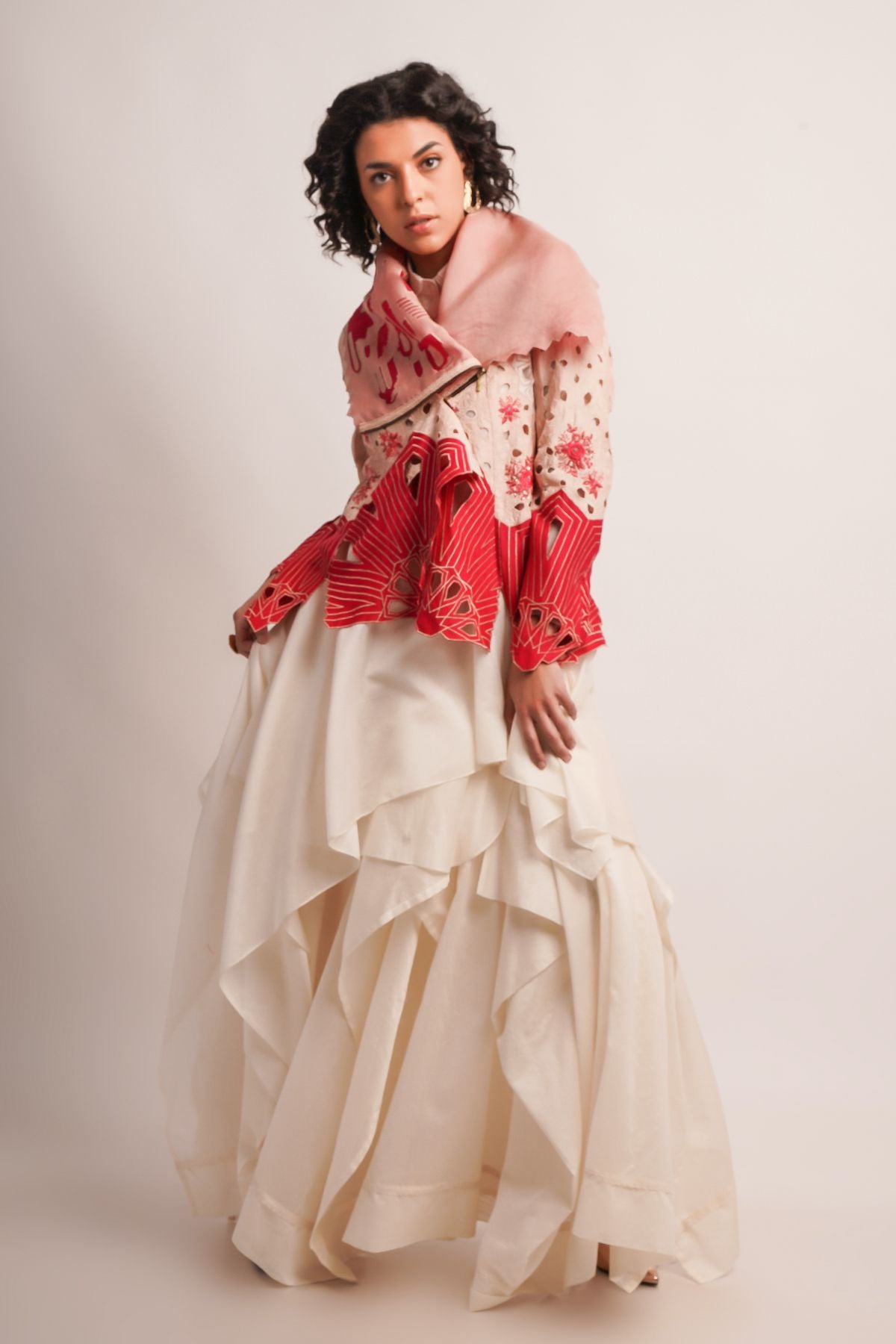 EMB DRAPED COLLAR CUTWORK JACKET WITH SKIRT