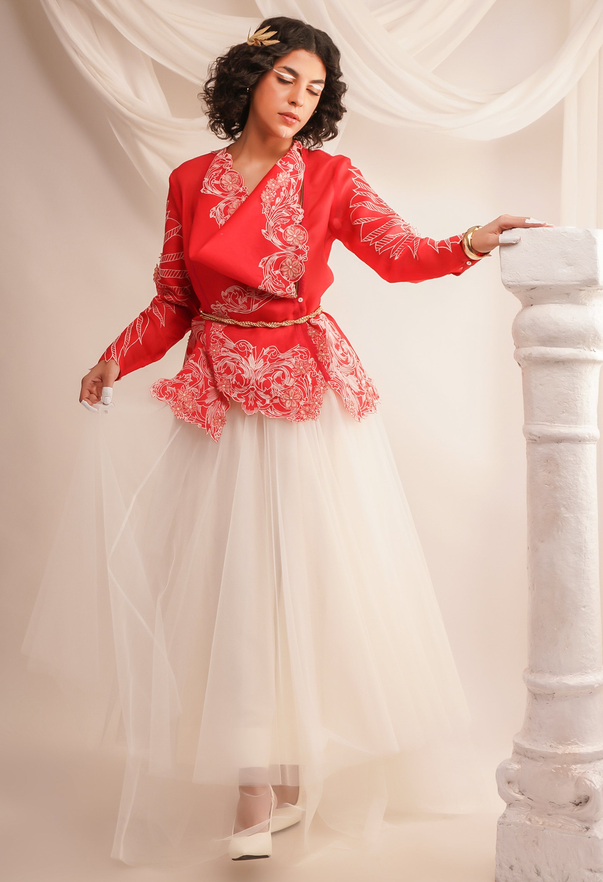 EMB COWL NECK ORGANZA JACKET WITH WING DETAILING ON THE SLEEVES