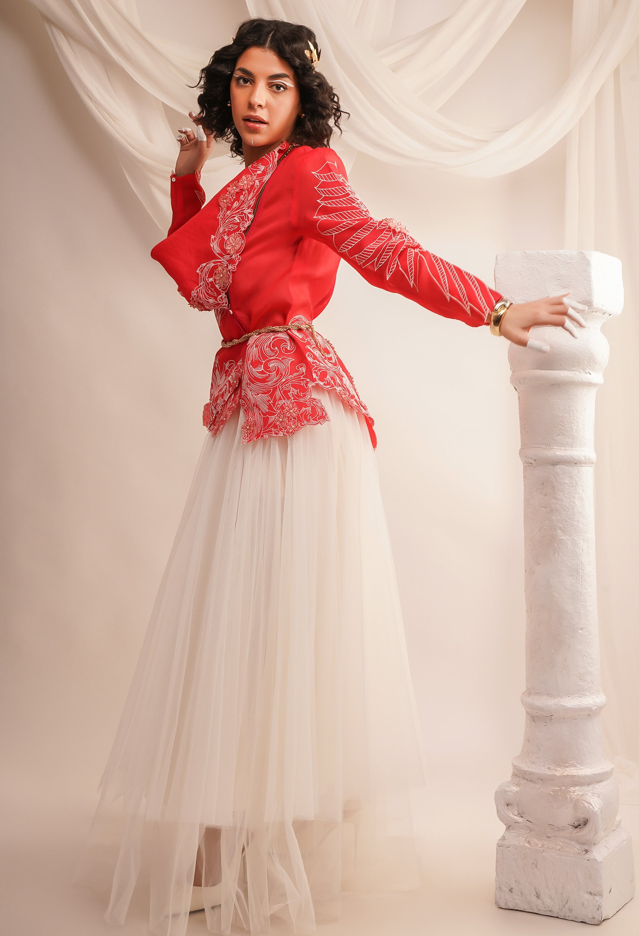 EMB COWL NECK ORGANZA JACKET WITH WING DETAILING ON THE SLEEVES