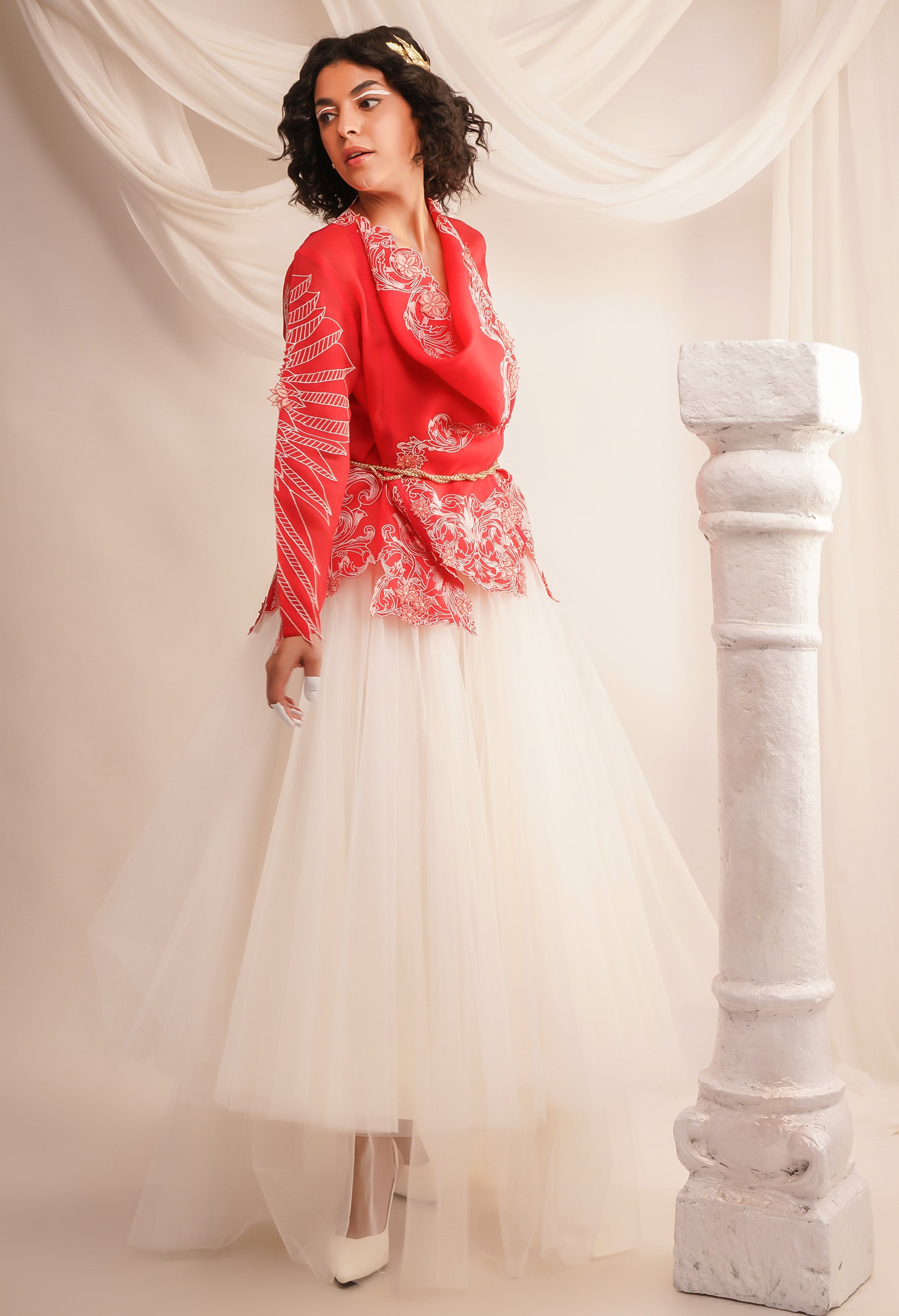 EMB COWL NECK ORGANZA JACKET WITH WING DETAILING ON THE SLEEVES