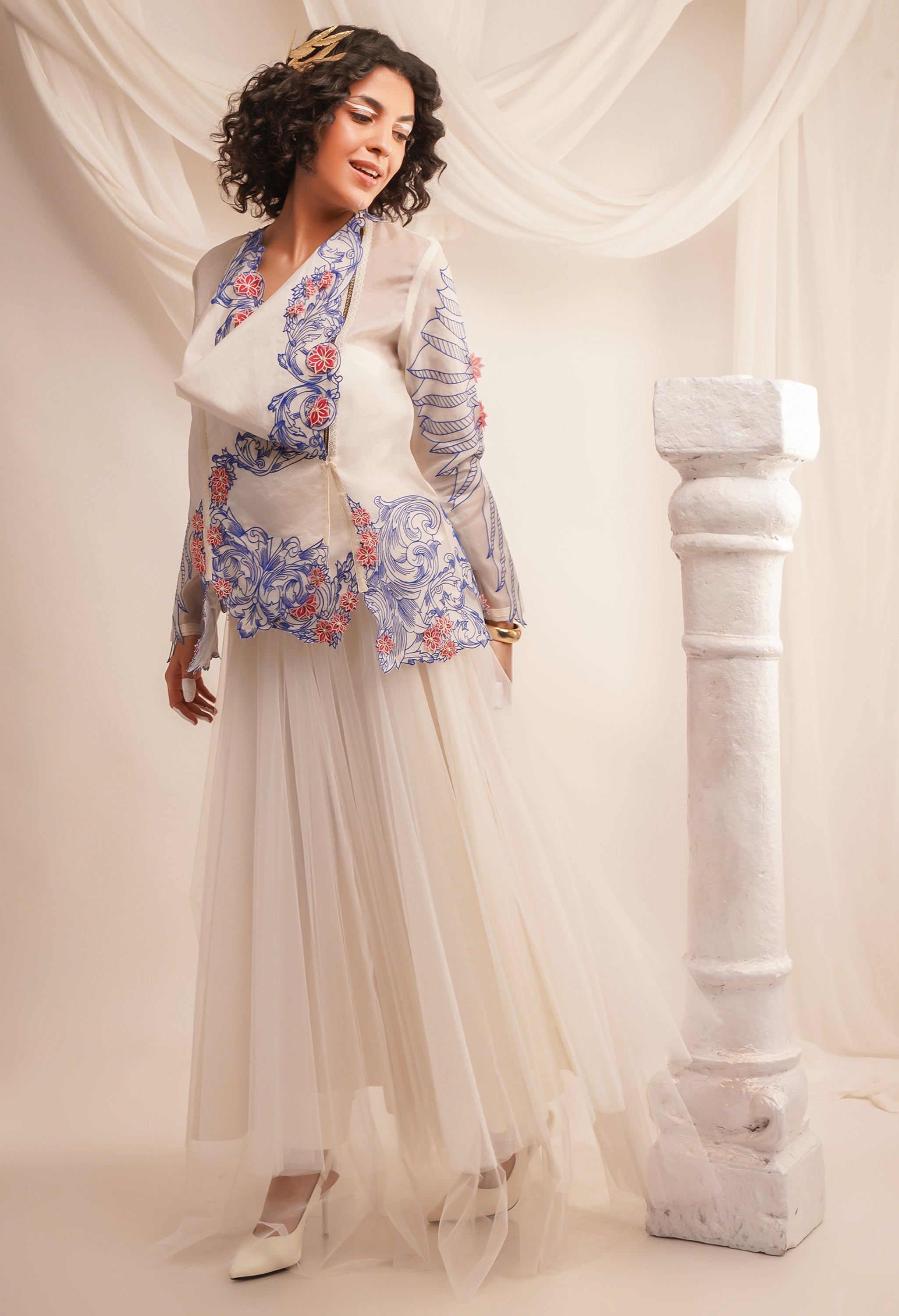 EMB COWL NECK ORGANZA JACKET WITH WING DETAILING ON THE SLEEVES