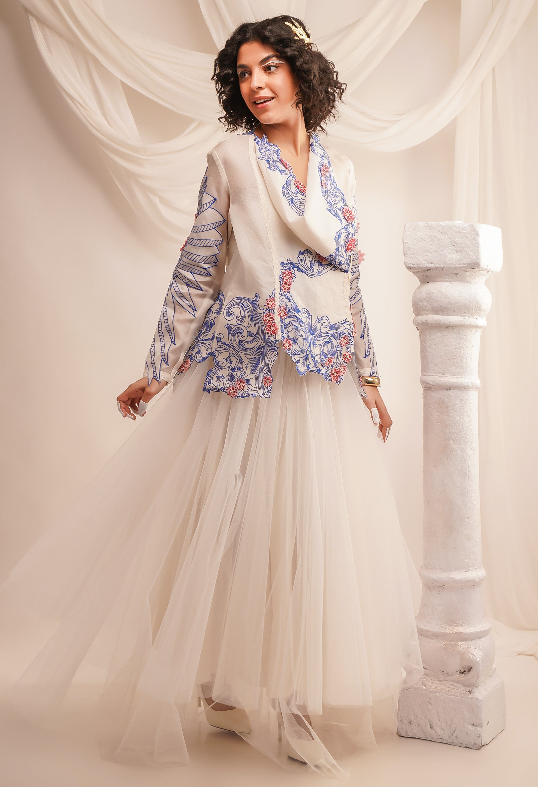 EMB COWL NECK ORGANZA JACKET WITH WING DETAILING ON THE SLEEVES