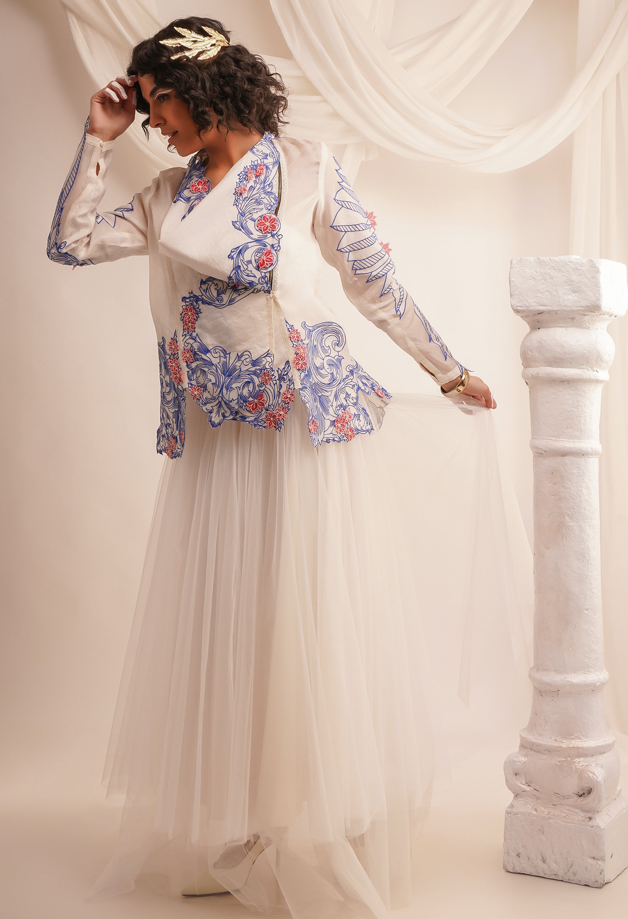 EMB COWL NECK ORGANZA JACKET WITH WING DETAILING ON THE SLEEVES