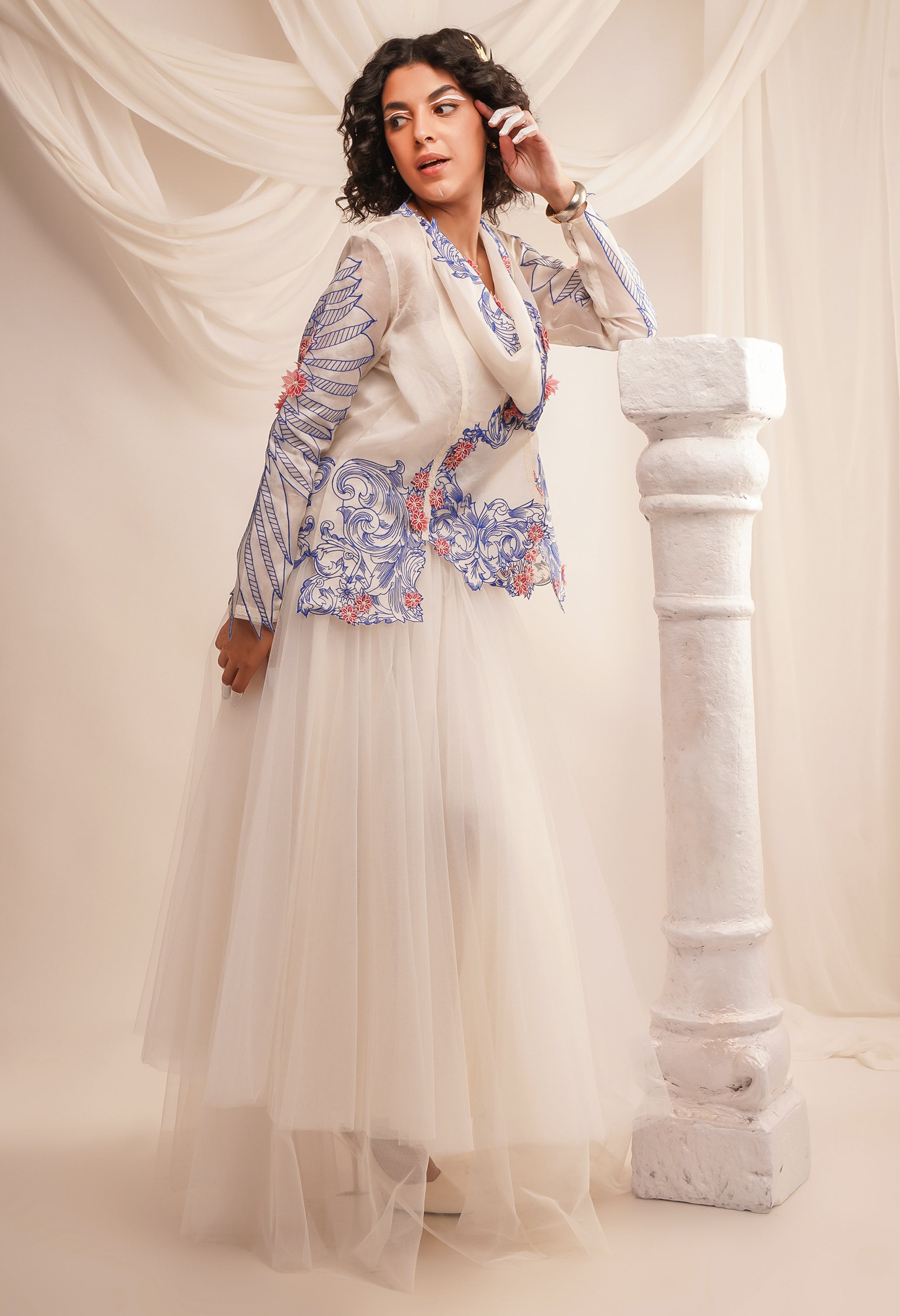 EMB COWL NECK ORGANZA JACKET WITH WING DETAILING ON THE SLEEVES