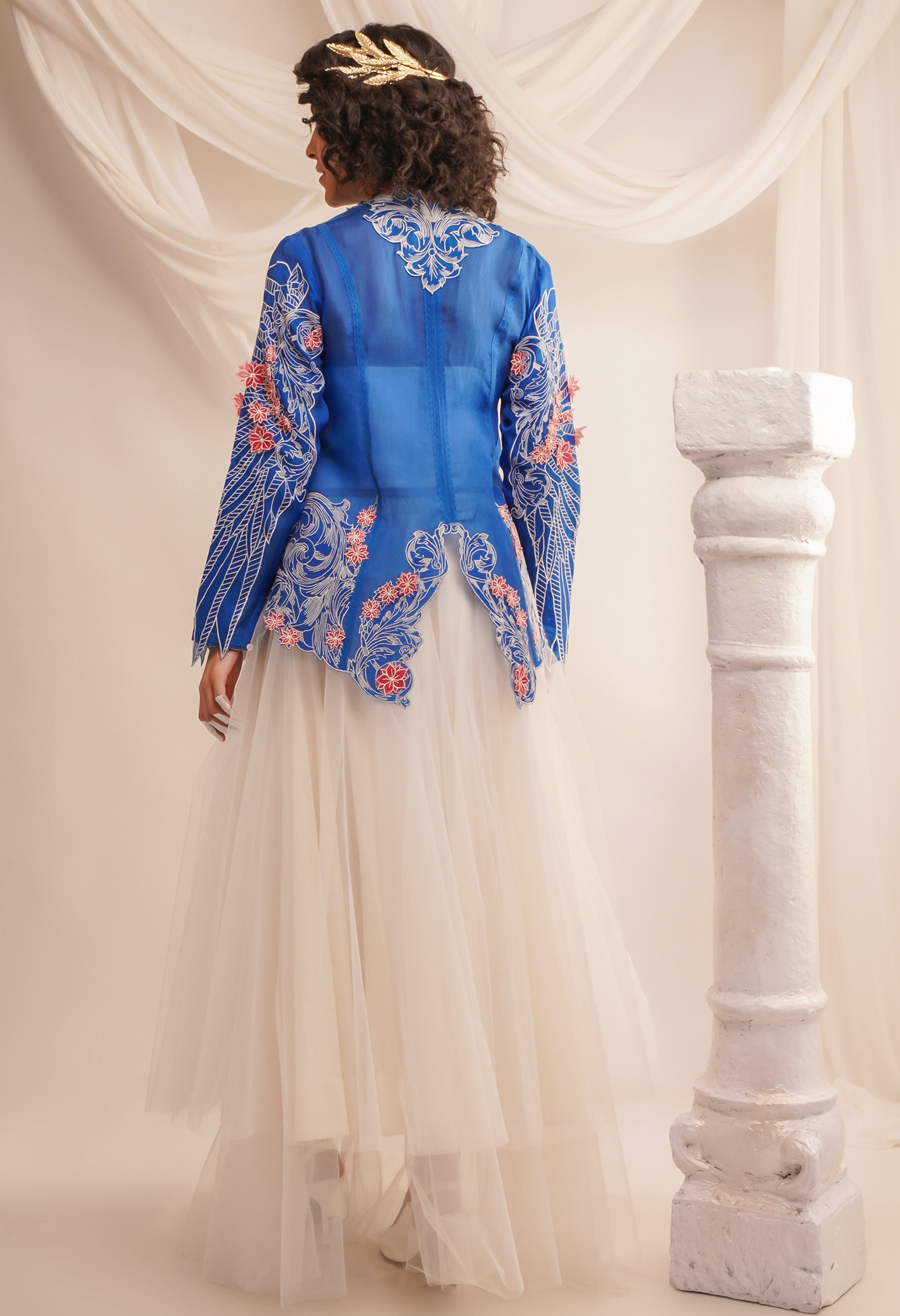 EMB COWL NECK ORGANZA JACKET WITH WING DETAILING ON THE SLEEVES