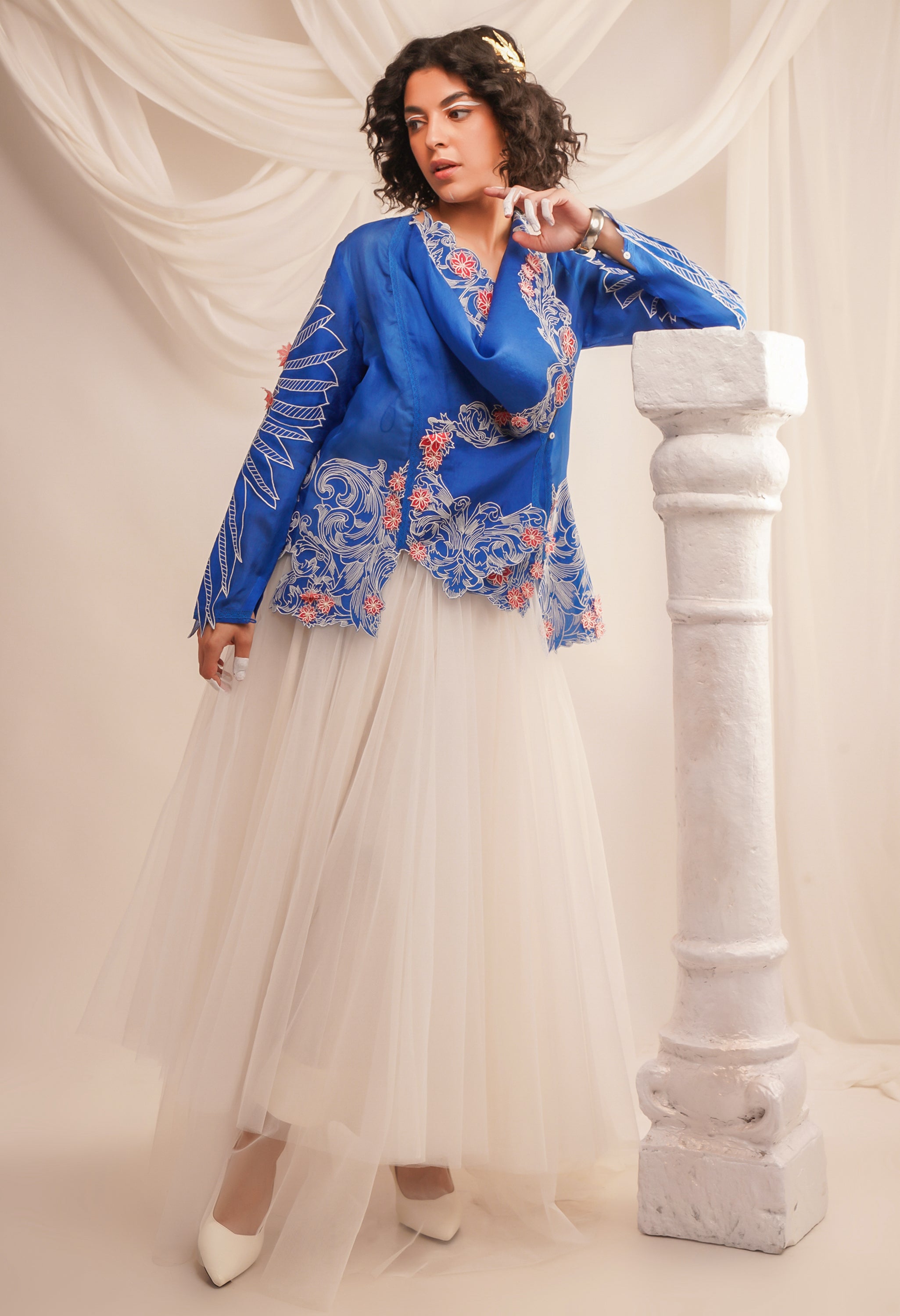 EMB COWL NECK ORGANZA JACKET WITH WING DETAILING ON THE SLEEVES