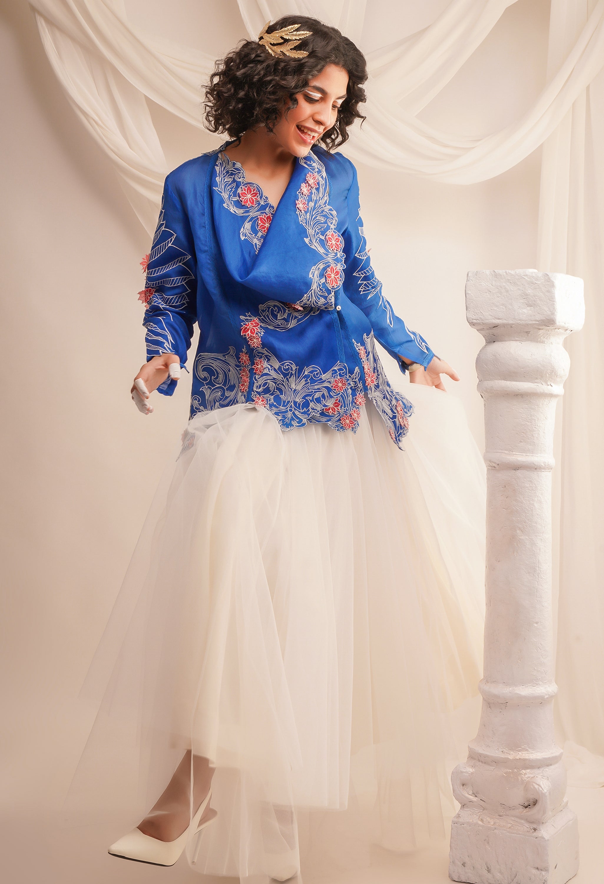 EMB COWL NECK ORGANZA JACKET WITH WING DETAILING ON THE SLEEVES