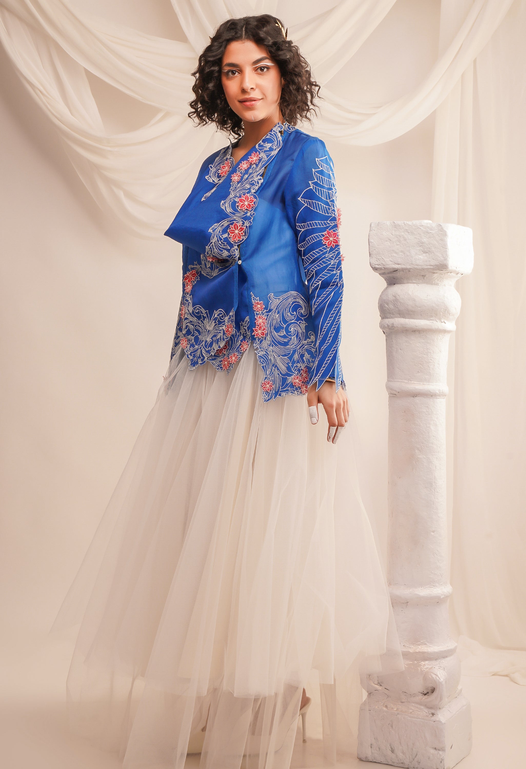 EMB COWL NECK ORGANZA JACKET WITH WING DETAILING ON THE SLEEVES