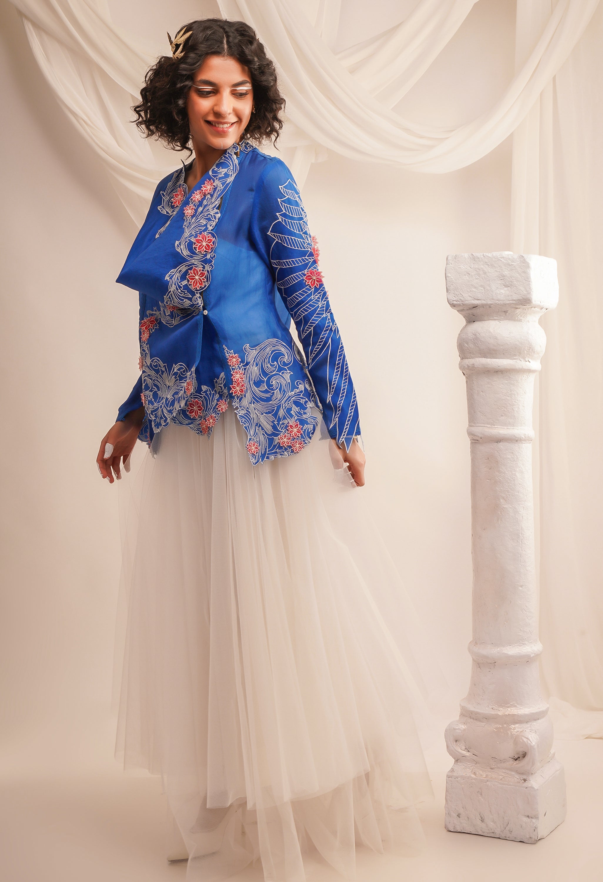 EMB COWL NECK ORGANZA JACKET WITH WING DETAILING ON THE SLEEVES