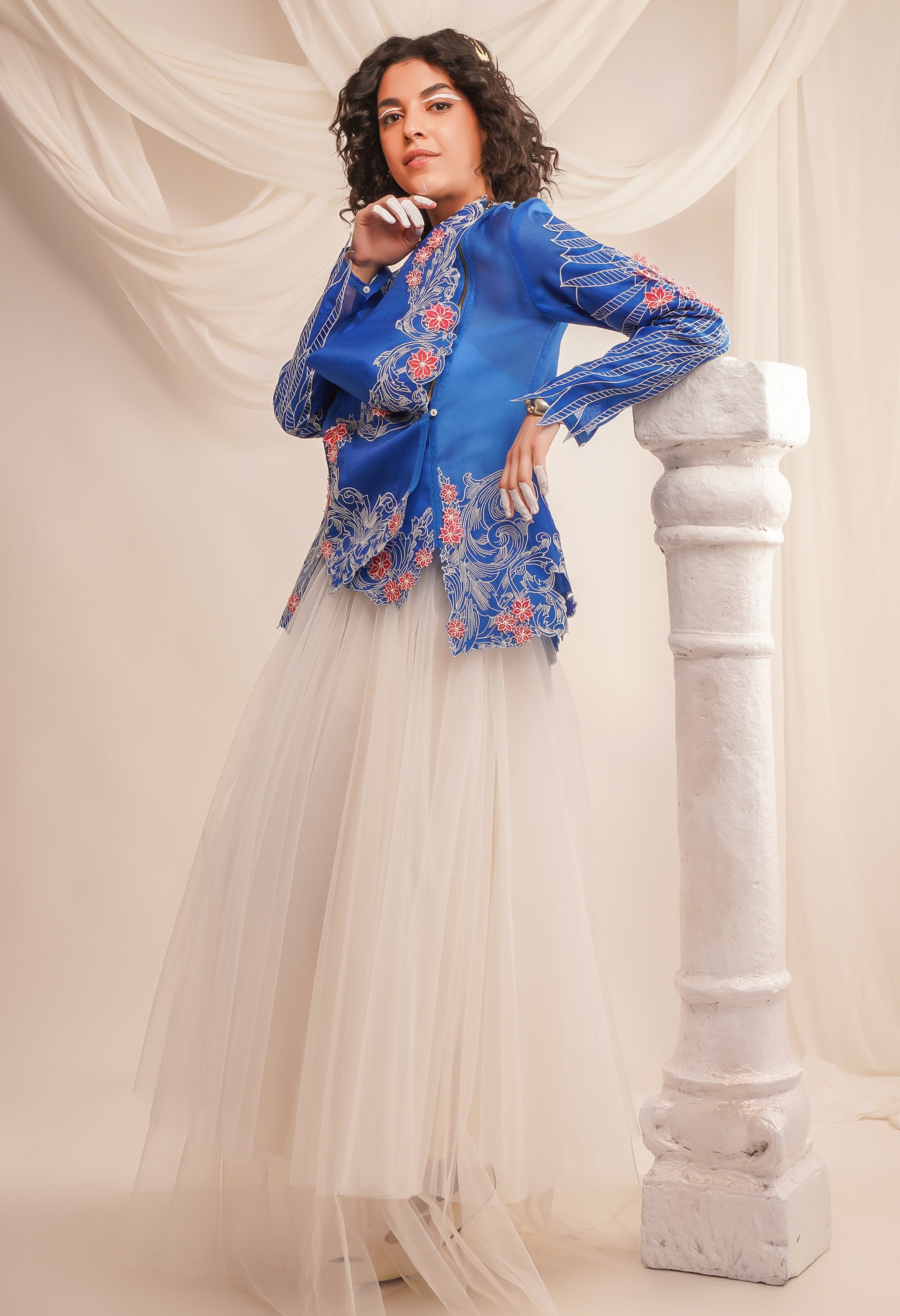 EMB COWL NECK ORGANZA JACKET WITH WING DETAILING ON THE SLEEVES