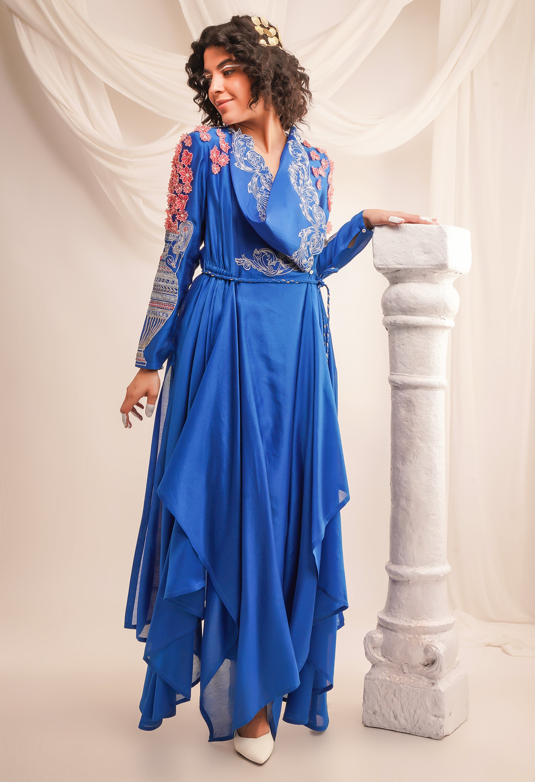 EMB COWL NECK ANGRAKHA WITH BRAIDED BELT AND PANTS