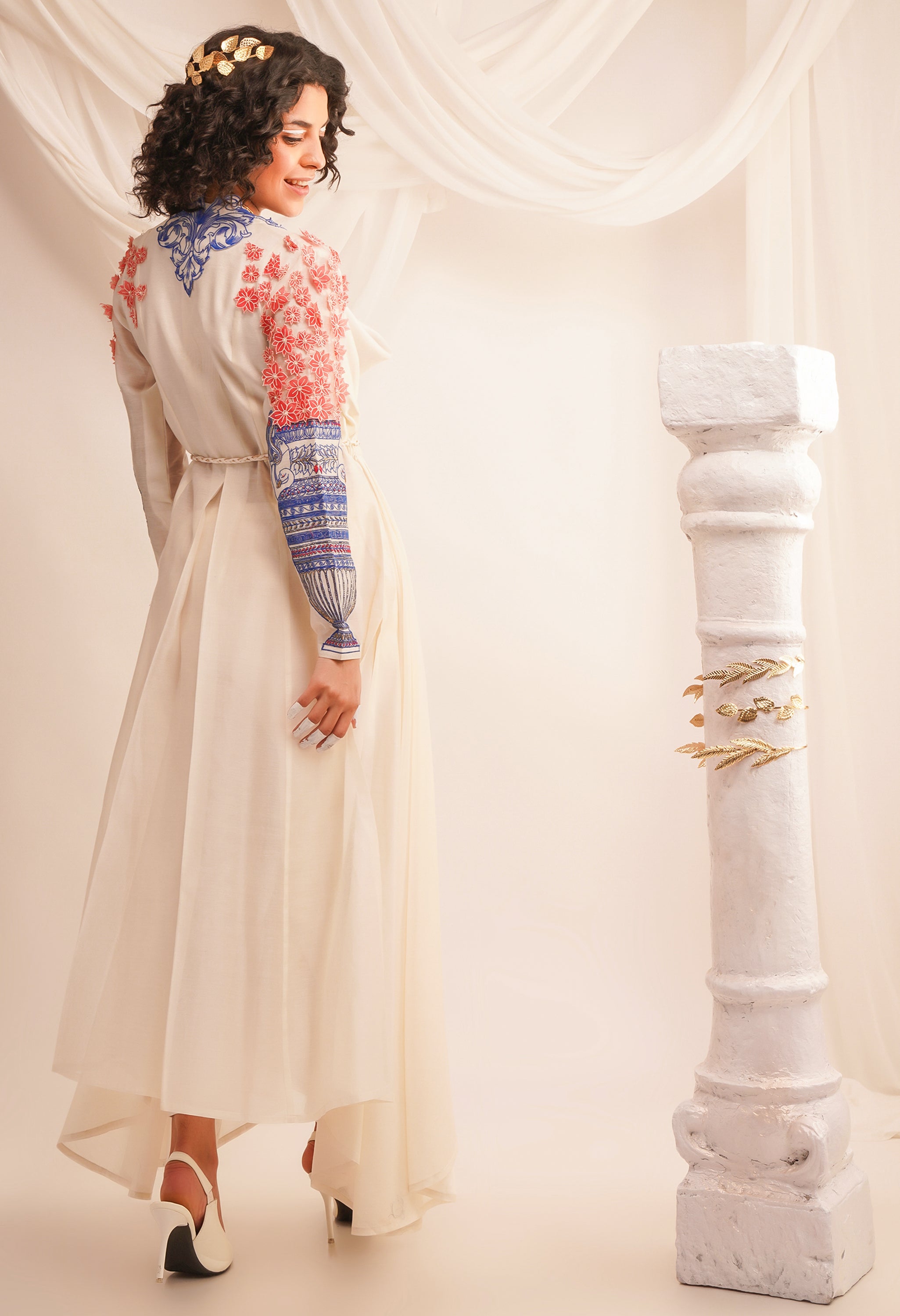 EMB COWL NECK ANGRAKHA WITH BRAIDED BELT AND PANTS