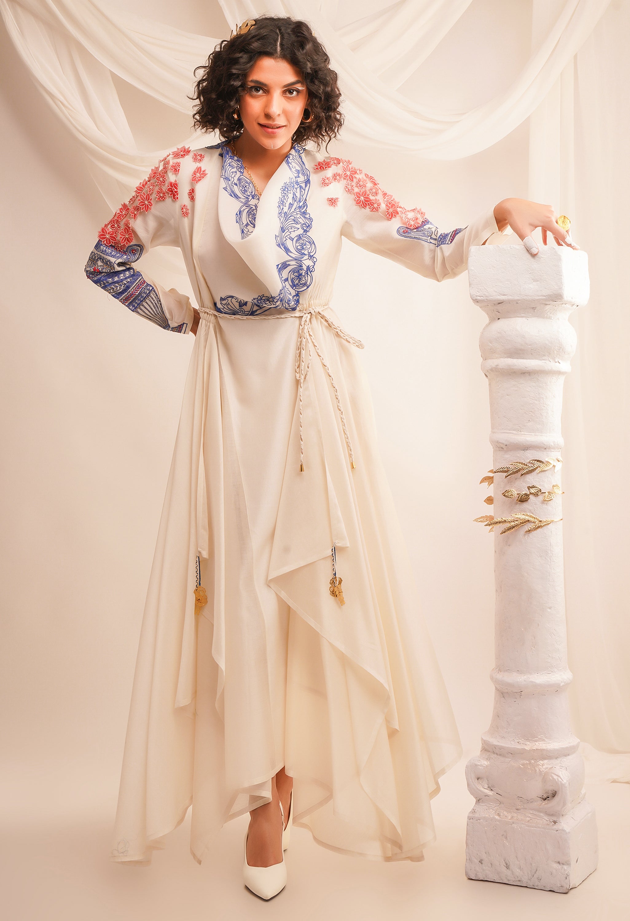 EMB COWL NECK ANGRAKHA WITH BRAIDED BELT AND PANTS