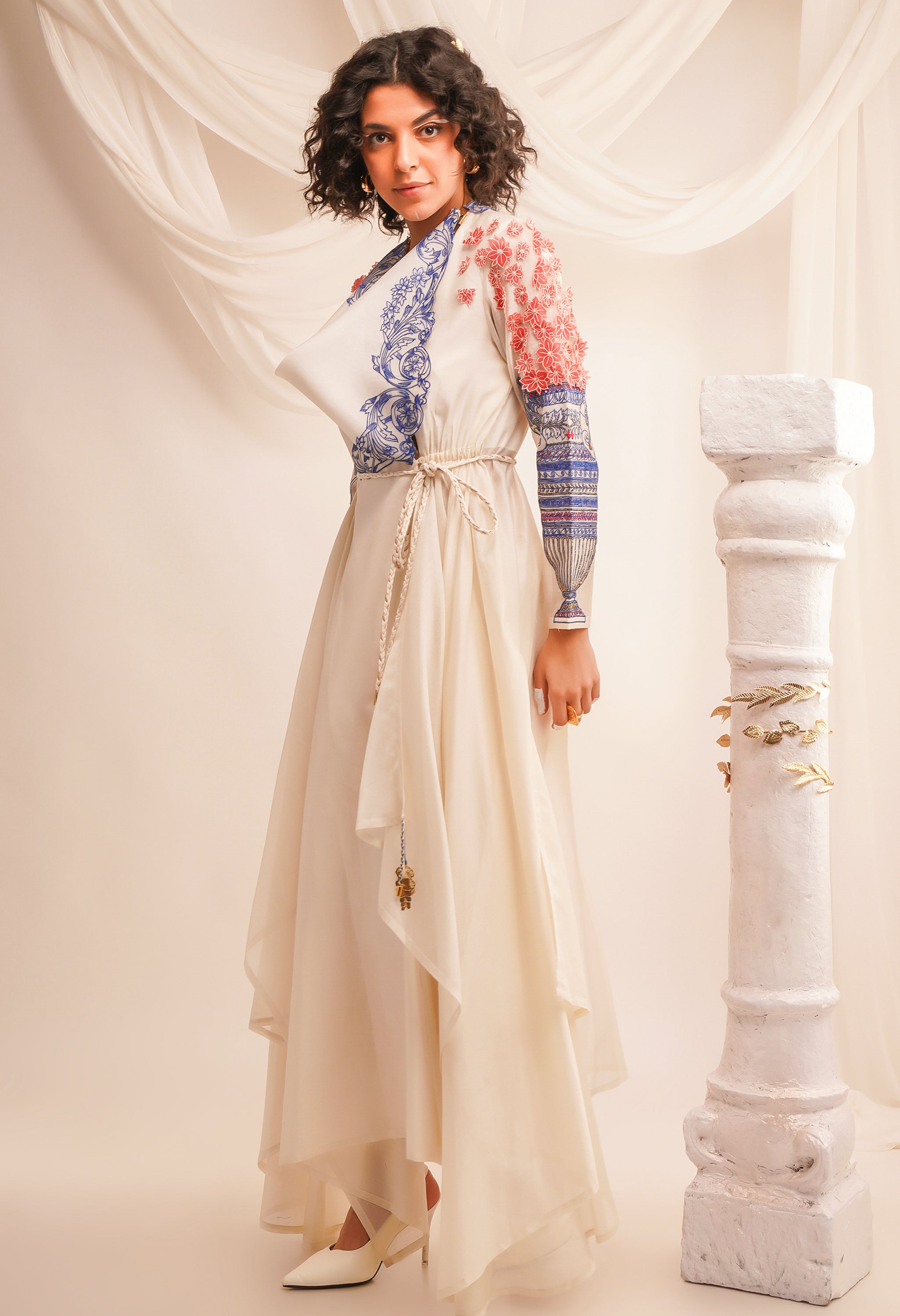 EMB COWL NECK ANGRAKHA WITH BRAIDED BELT AND PANTS