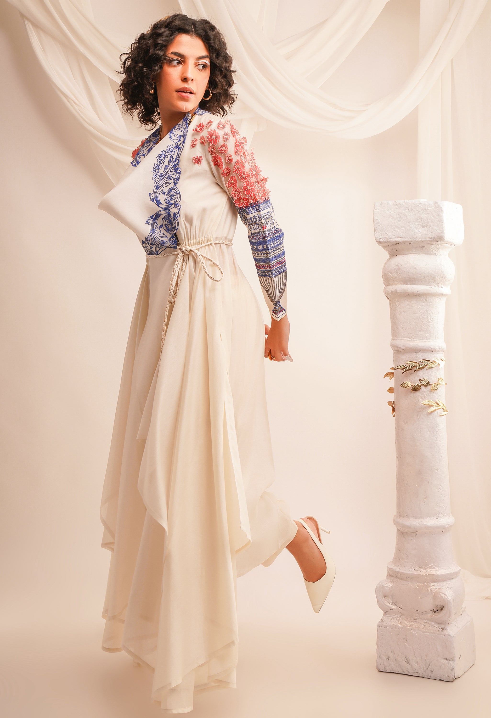 EMB COWL NECK ANGRAKHA WITH BRAIDED BELT AND PANTS