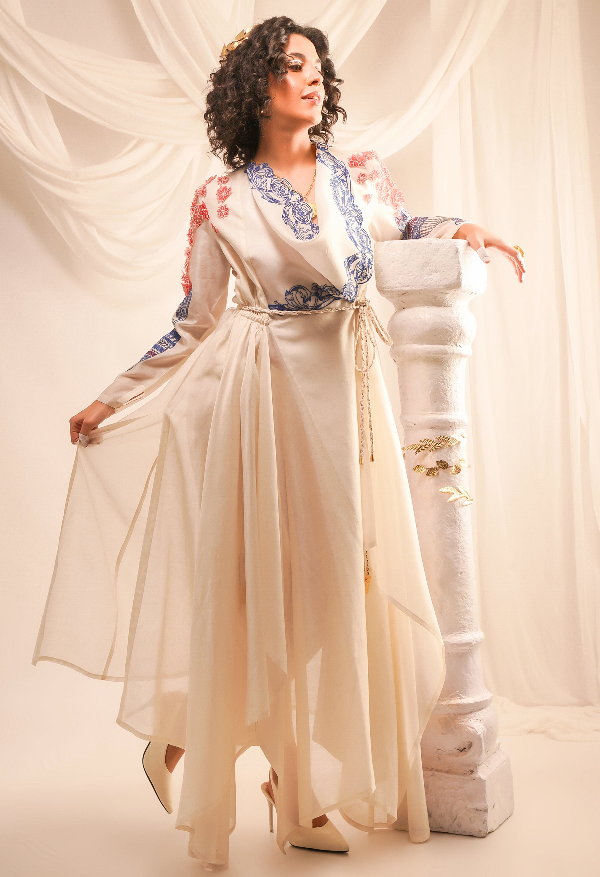 EMB COWL NECK ANGRAKHA WITH BRAIDED BELT AND PANTS