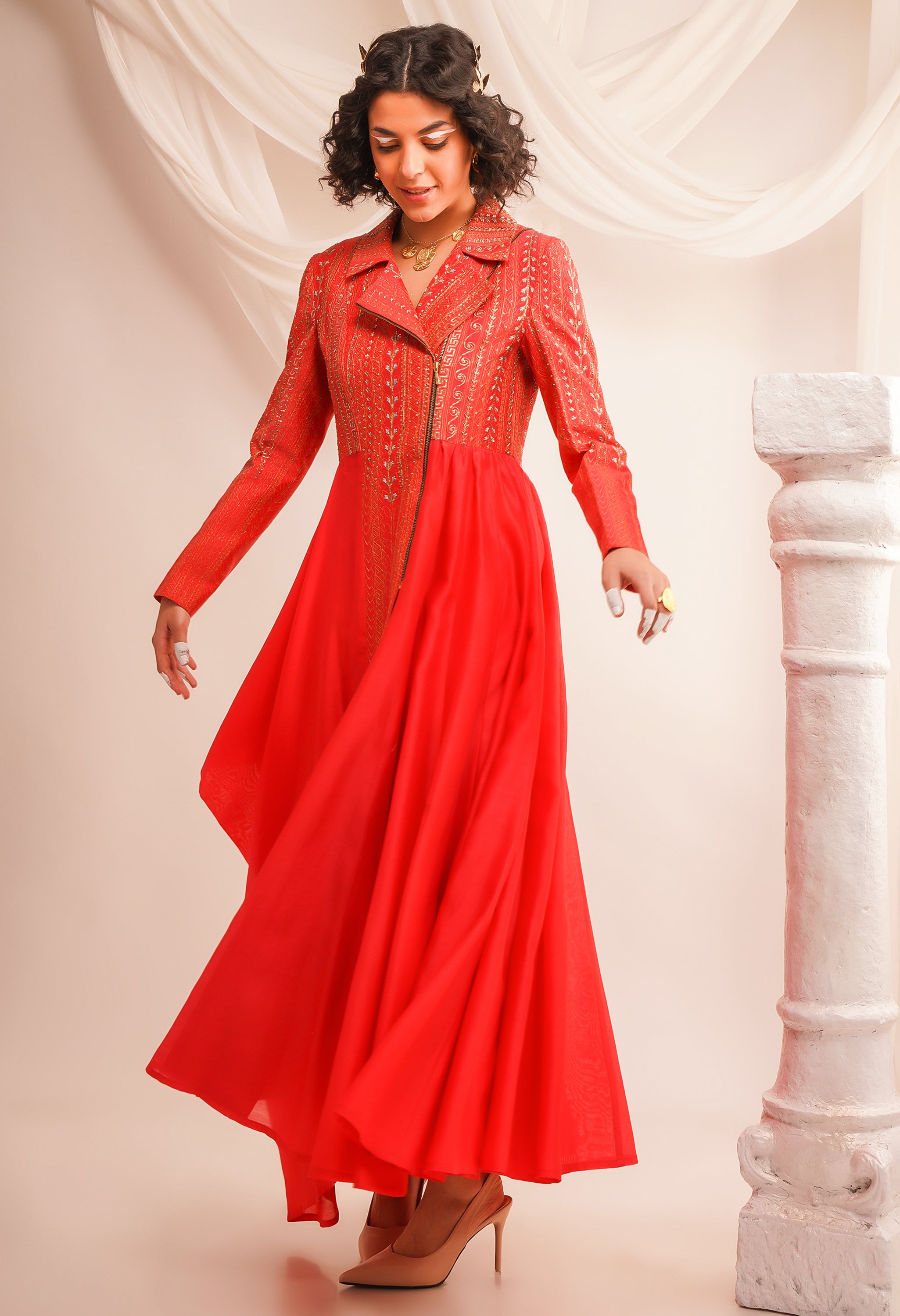 TEXTURED EMBROIDERED BIKER ANARKALI WITH PANTS