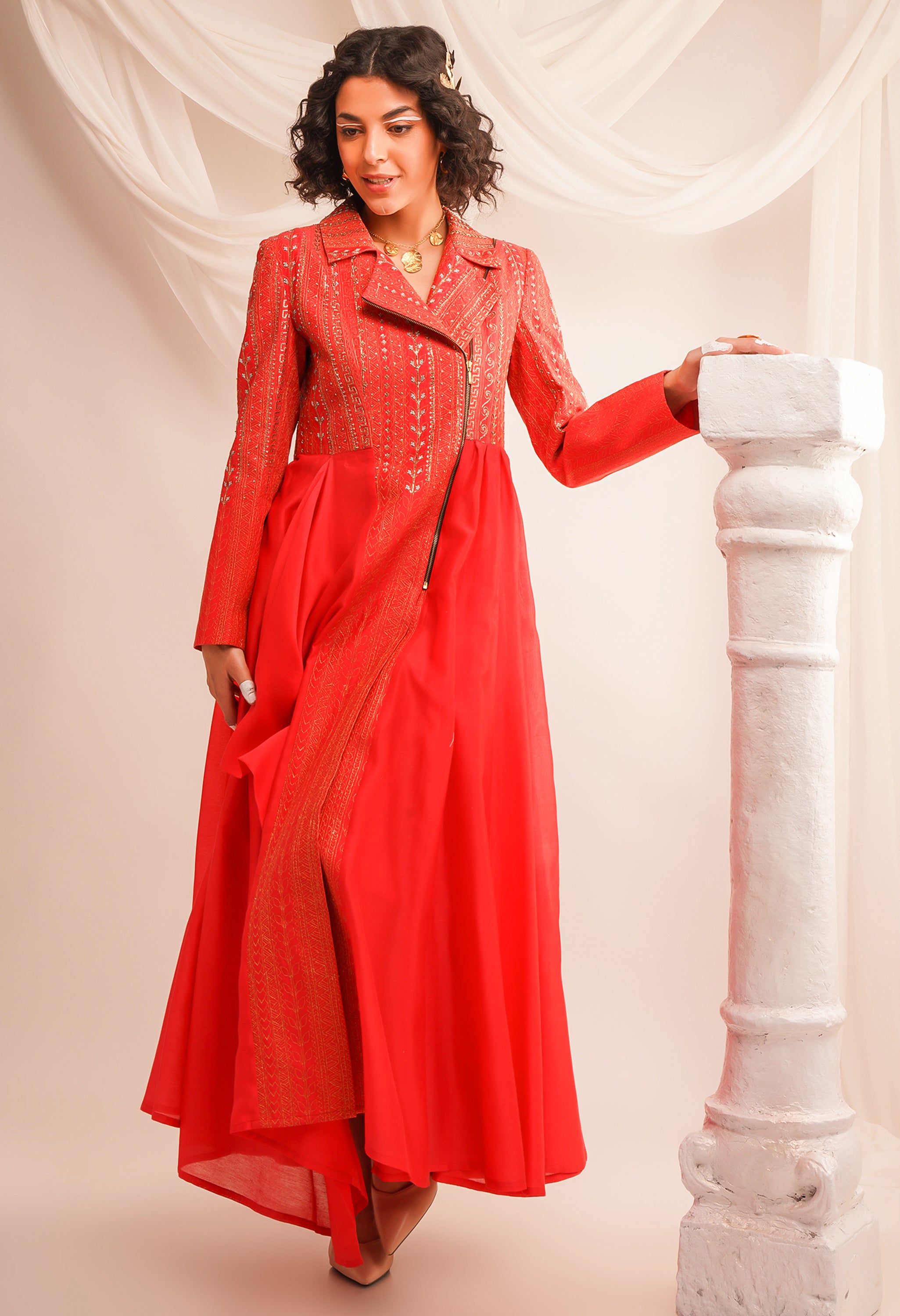 TEXTURED EMBROIDERED BIKER ANARKALI WITH PANTS