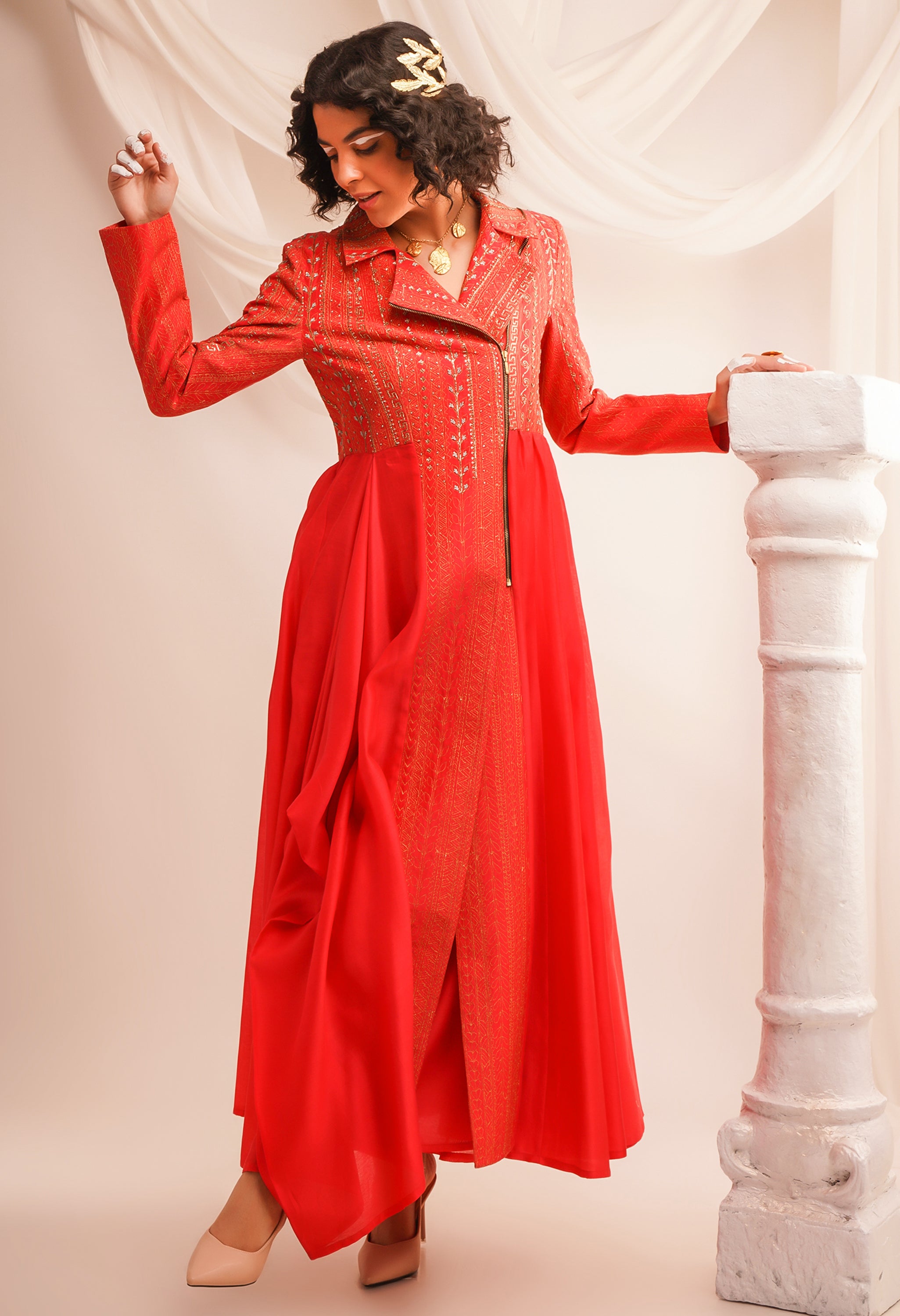 TEXTURED EMBROIDERED BIKER ANARKALI WITH PANTS