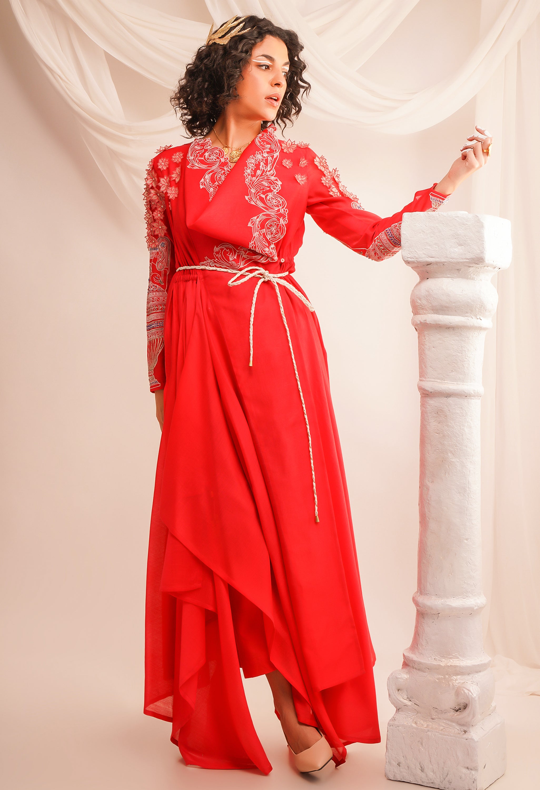 EMB COWL NECK ANGRAKHA WITH BRAIDED BELT AND PANTS