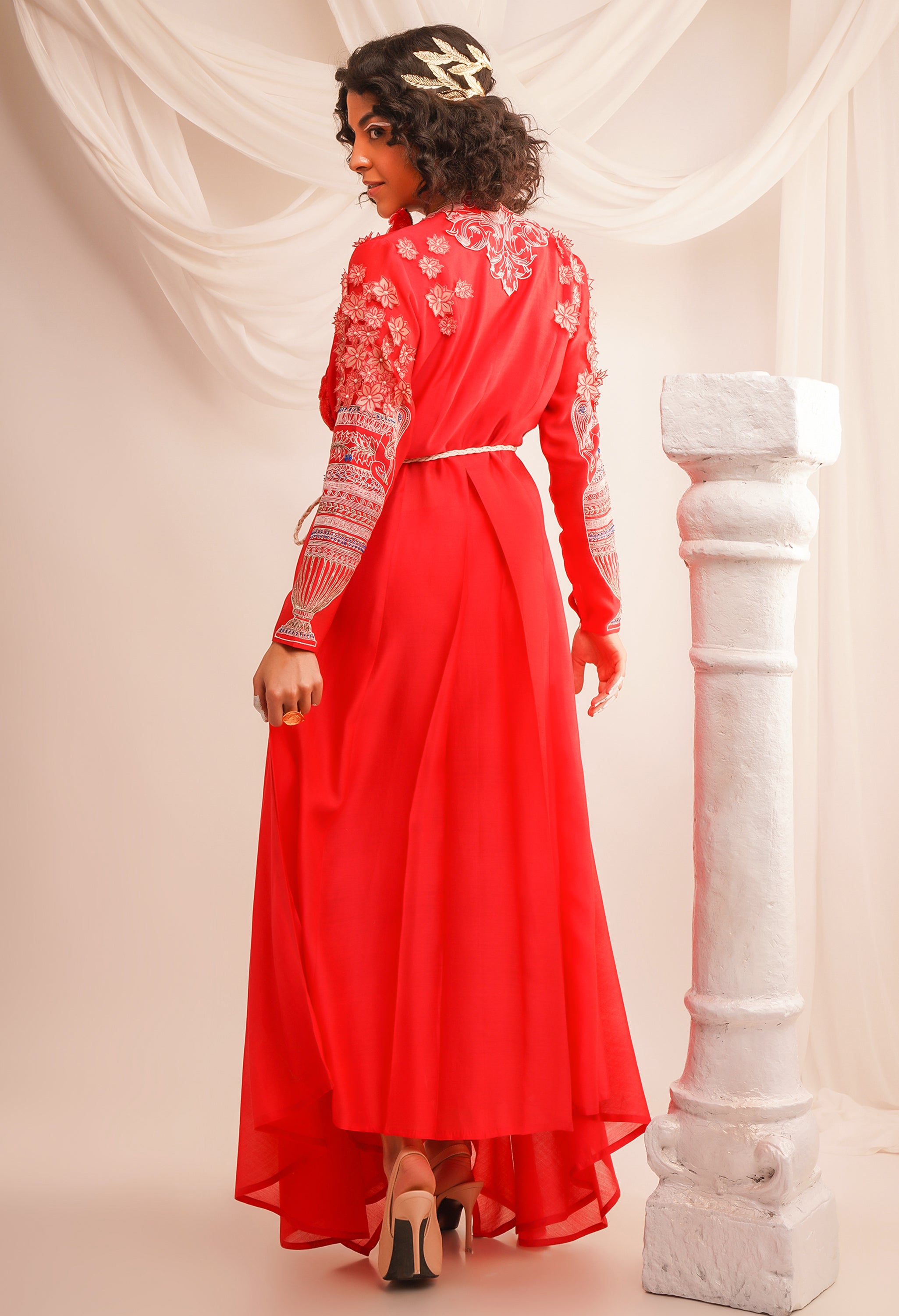 EMB COWL NECK ANGRAKHA WITH BRAIDED BELT AND PANTS