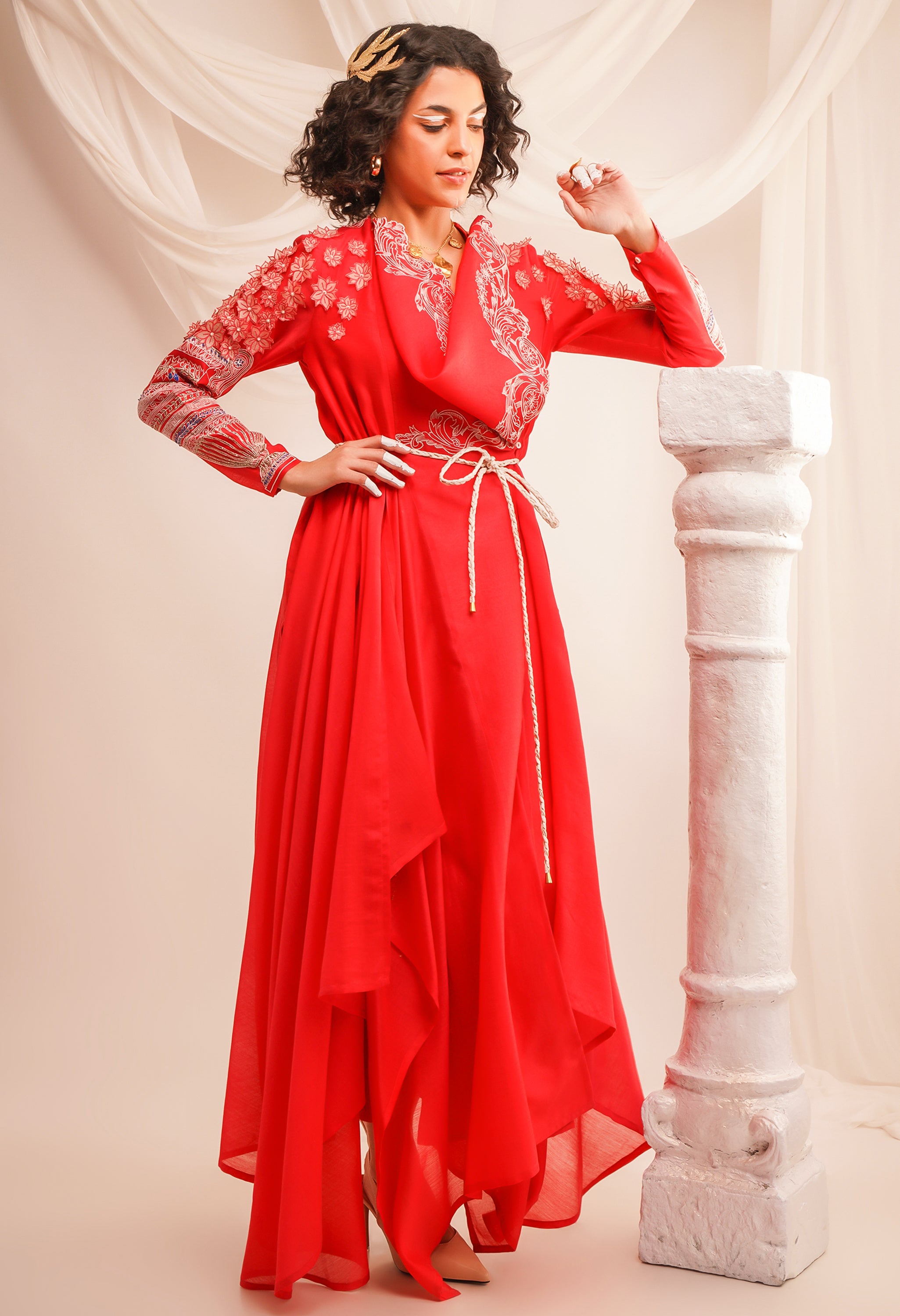 EMB COWL NECK ANGRAKHA WITH BRAIDED BELT AND PANTS