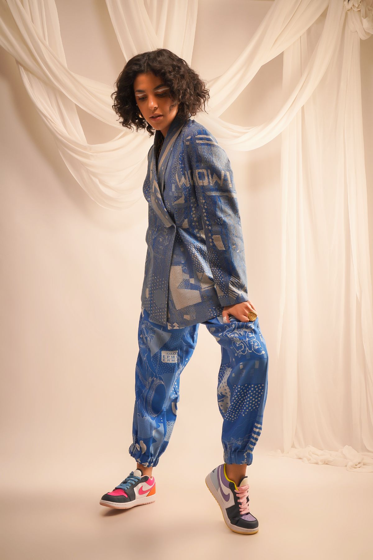 GOLD ZARI QUILTED JACKET WITH PRINTED JOGGERS