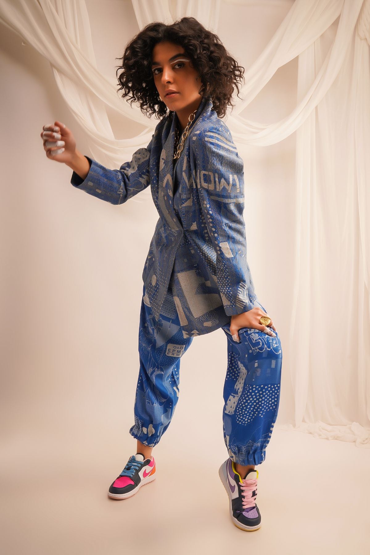 GOLD ZARI QUILTED JACKET WITH PRINTED JOGGERS