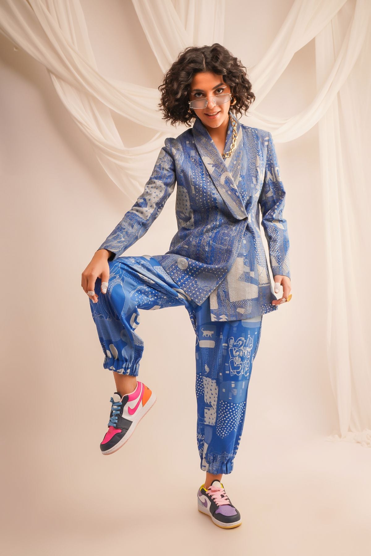 GOLD ZARI QUILTED JACKET WITH PRINTED JOGGERS