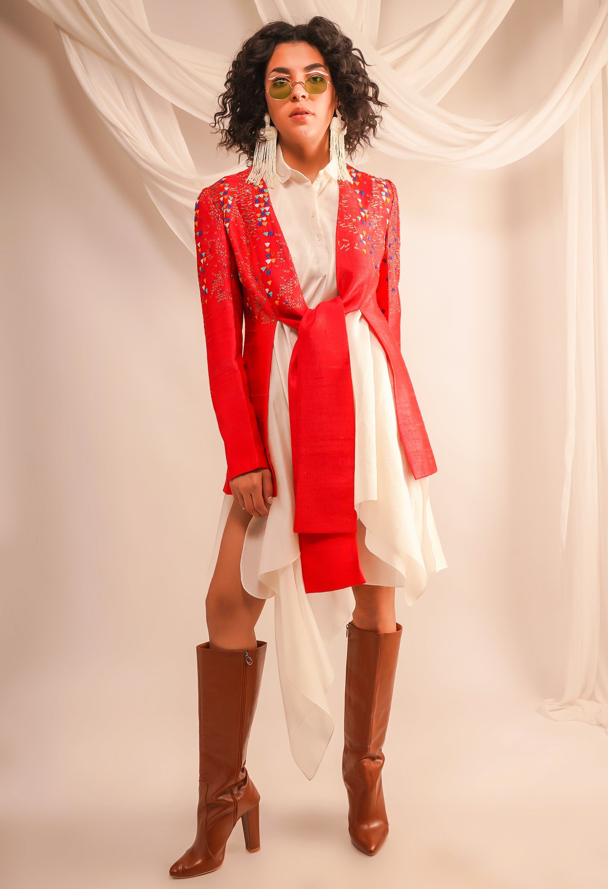 TEXTURED EMROIDERED KNOTTED DUPIAN JACKET WITH ASSYMTRICAL CHANDERI SHIRT AND PANTS