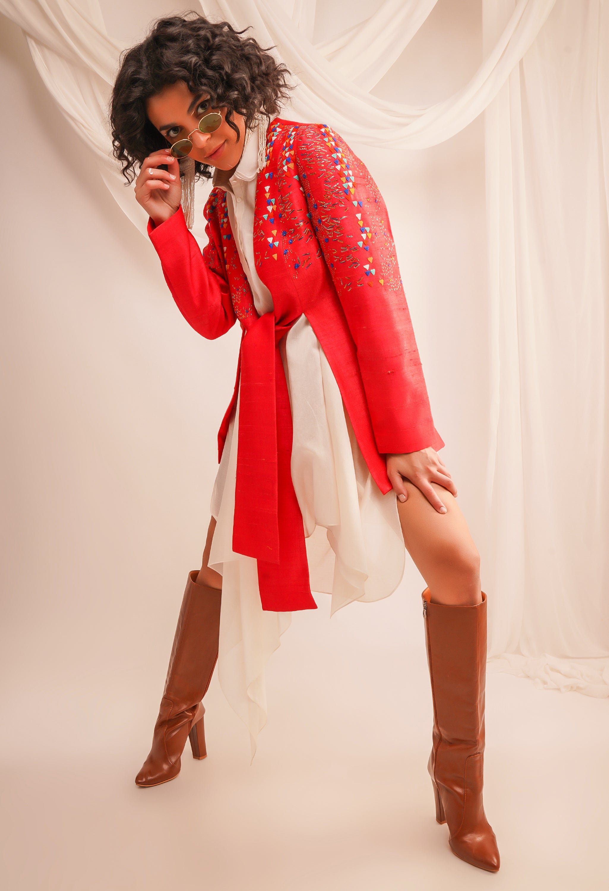 TEXTURED EMROIDERED KNOTTED DUPIAN JACKET WITH ASSYMTRICAL CHANDERI SHIRT AND PANTS