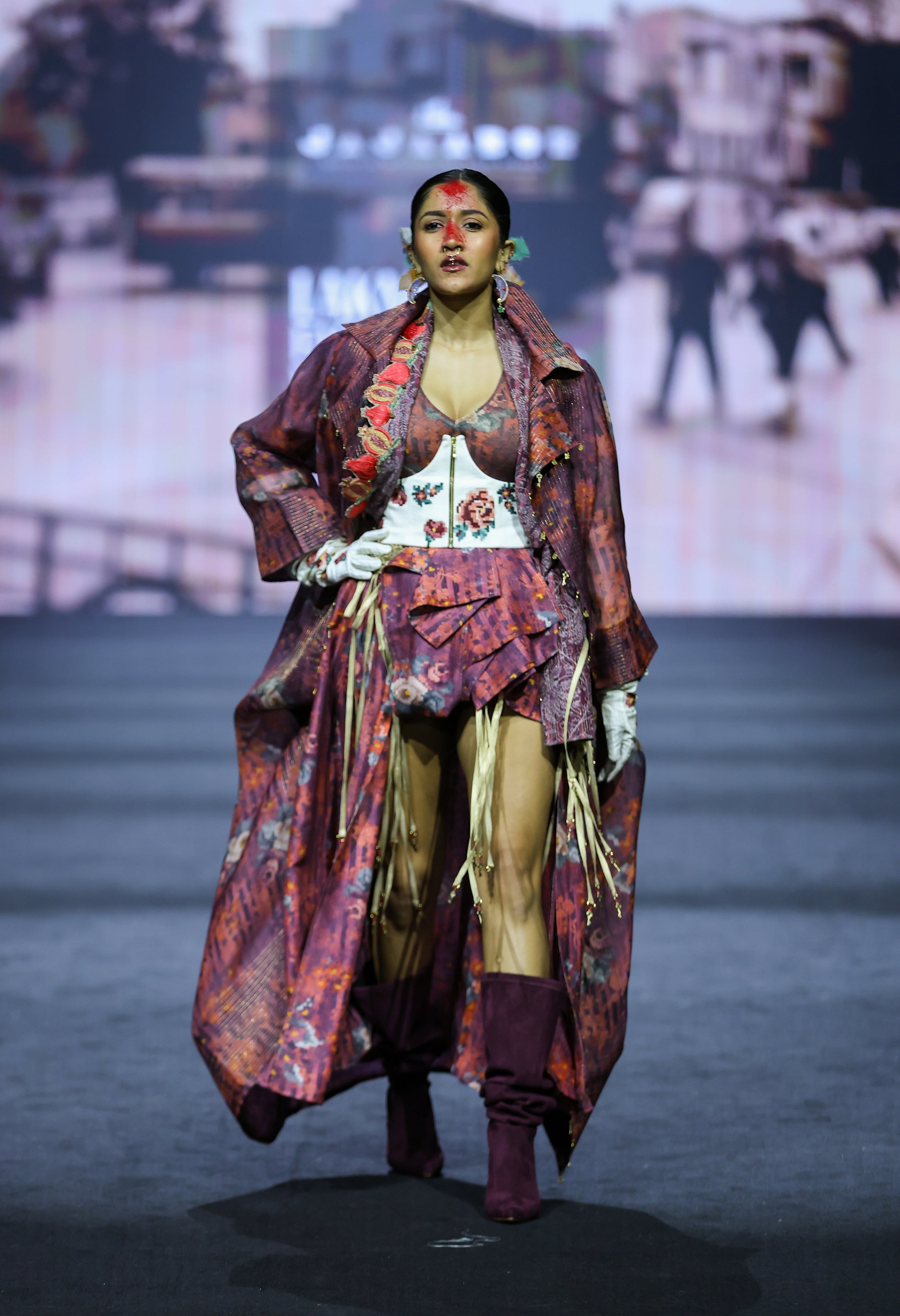 PRINTED LONG DECONSTRUCTED JACKET WITH BODYSUIT AND PRINTED PANELLD SKIRT