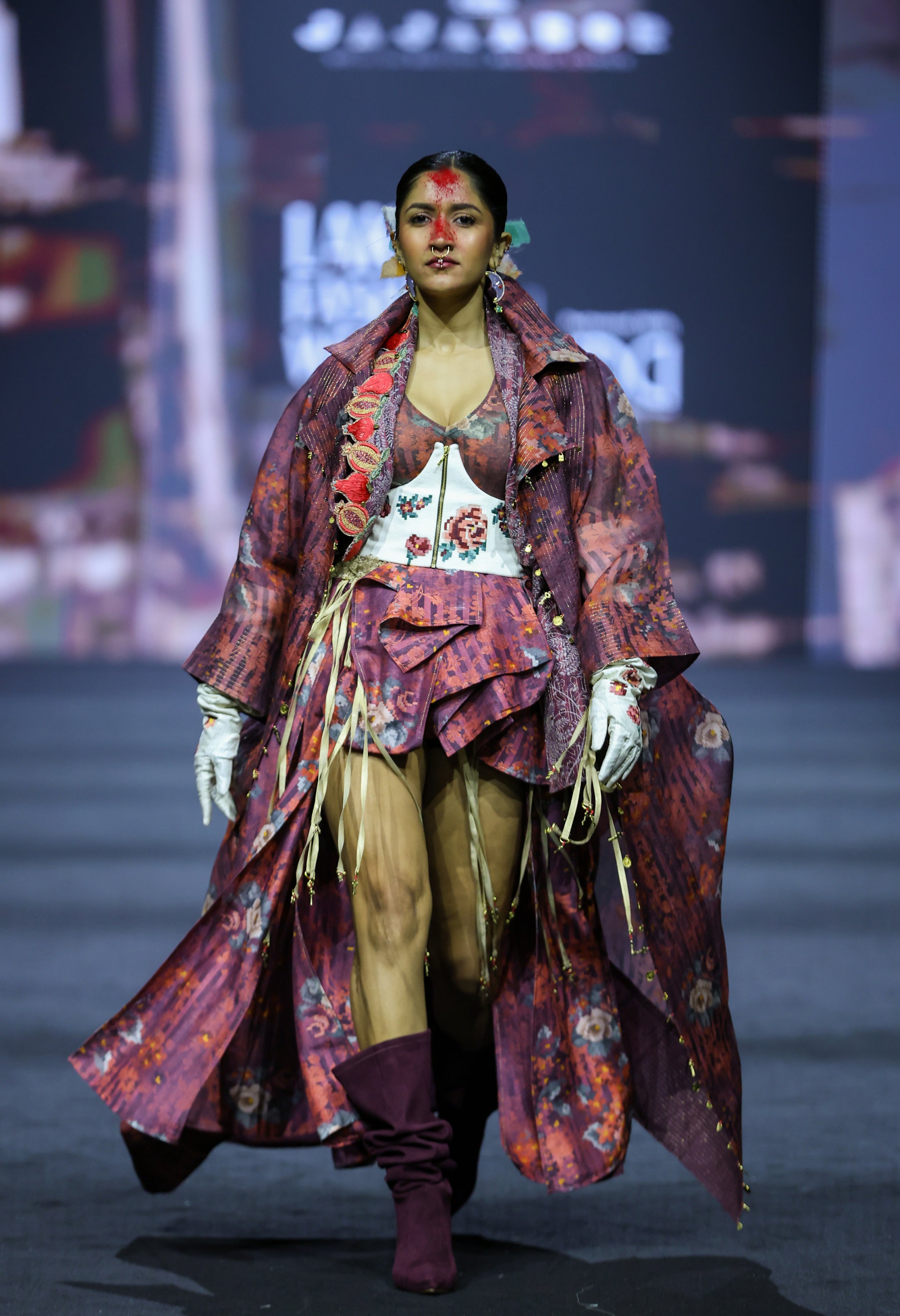 PRINTED LONG DECONSTRUCTED JACKET WITH BODYSUIT AND PRINTED PANELLD SKIRT